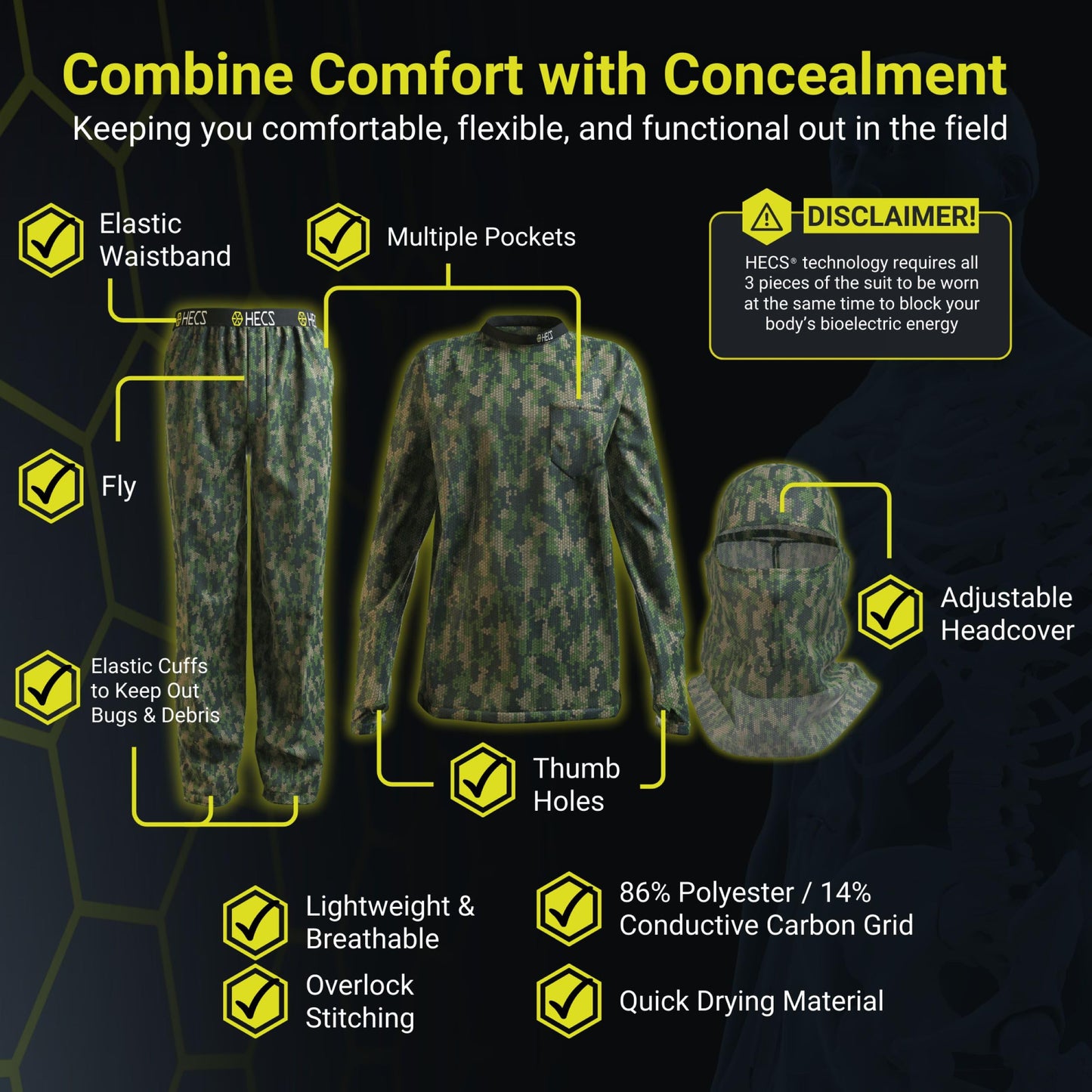 HECS HECSTYLE Lightweight System | Hunting Camo Suit with Bioelectric Shielding | Hunting Clothes for Men | Patented Technology | Mens Hunting Clothes - X-Large - Green
