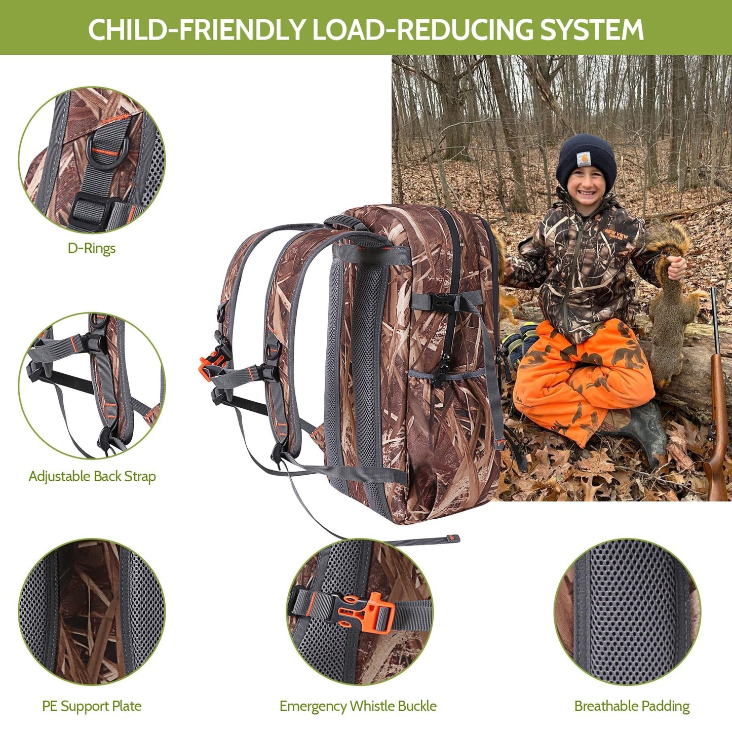 Wild Cedar 30L Kids Camo Hunting Backpack with 11 Pockets, Small Lightweight Hunting Bag for Youth, Men Water Resistant Day Pack for Boys & Girls, Travel, Hiking, Camping