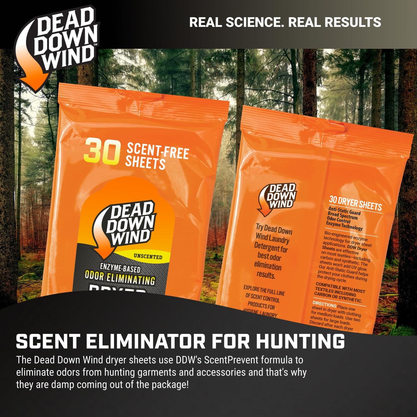 DEAD DOWN WIND Scent Killing Dryer Sheets (30Ct) – Odor Removing Sheet – Durable Hunting Scent Eliminators – Advanced Hunting Laundry Gear