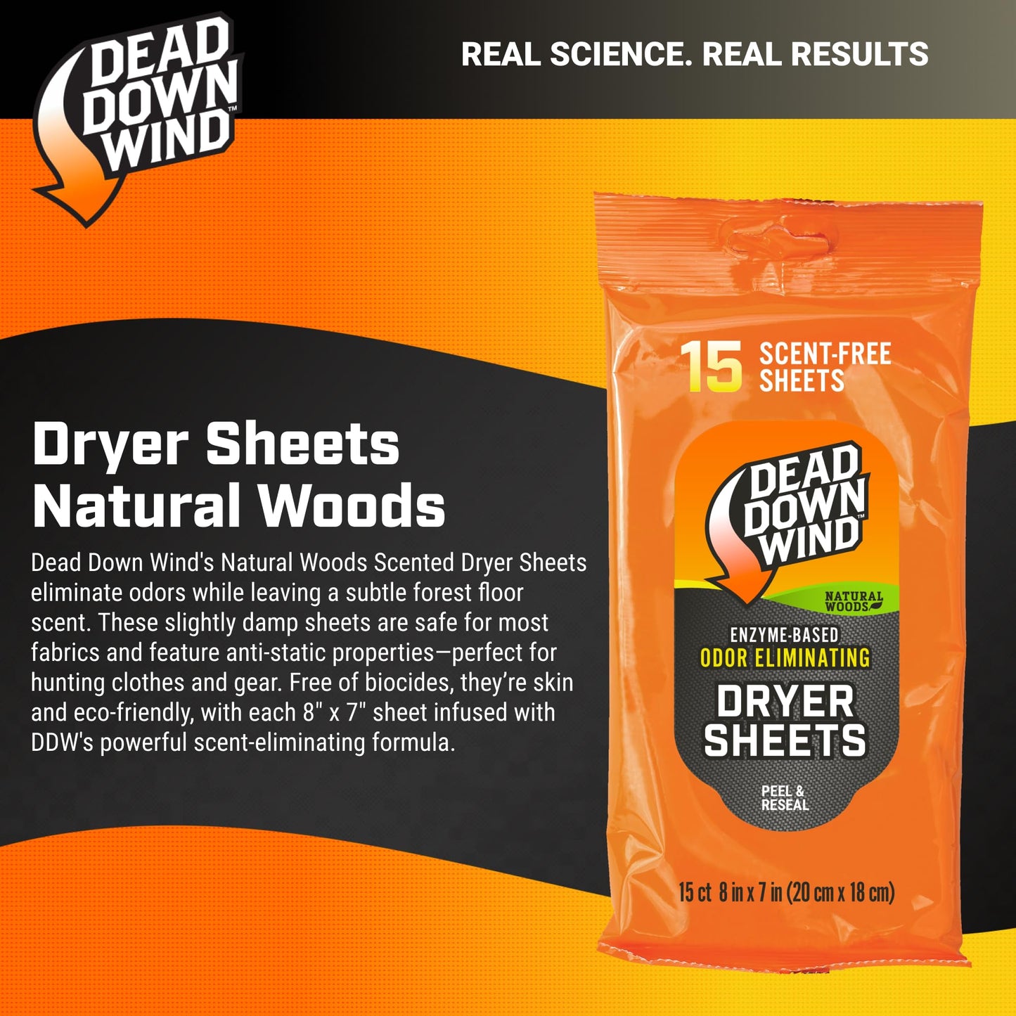 DEAD DOWN WIND Natural Woods Scented Odor Eliminating Dryer Sheets (15Ct) - Hunting Scent Control - Durable Hunting Scent Eliminators - Advanced Hunting Laundry Gear