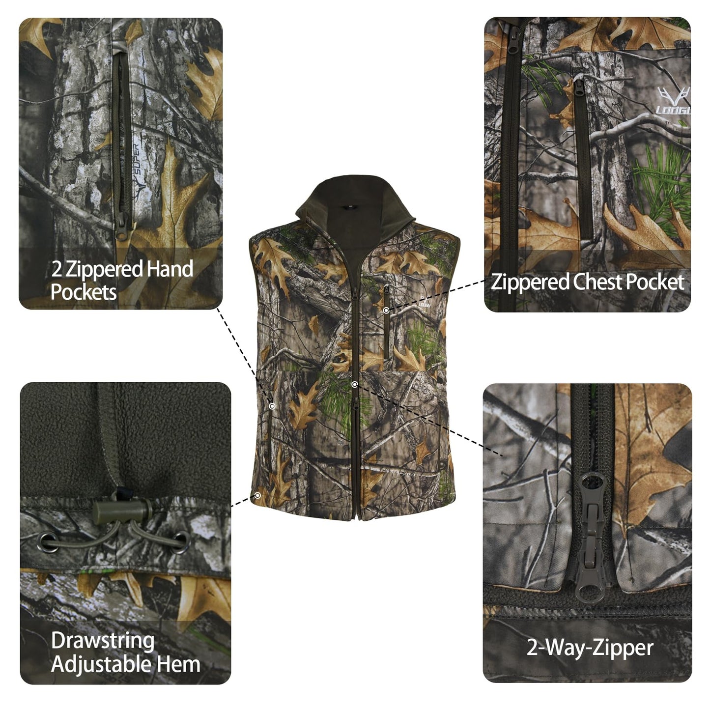 LOOGU Mens Camo Hunting Vest Fleece Lined Water Resistant Outdoor Fishing Outwear