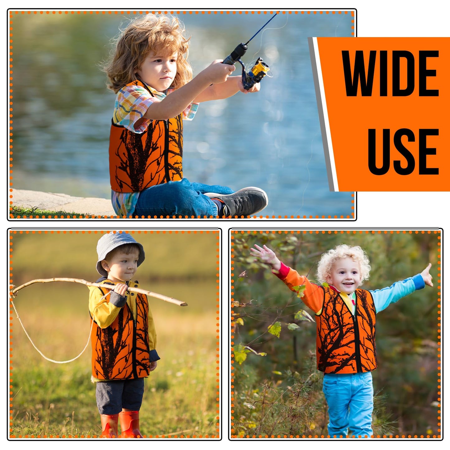 Berlune 2 Pcs Kids Hunting Vest & Beanie Set Reflective Hunting Clothes Blaze Vests for Night Hiking Outdoor(Orange,M,Pattern Style)