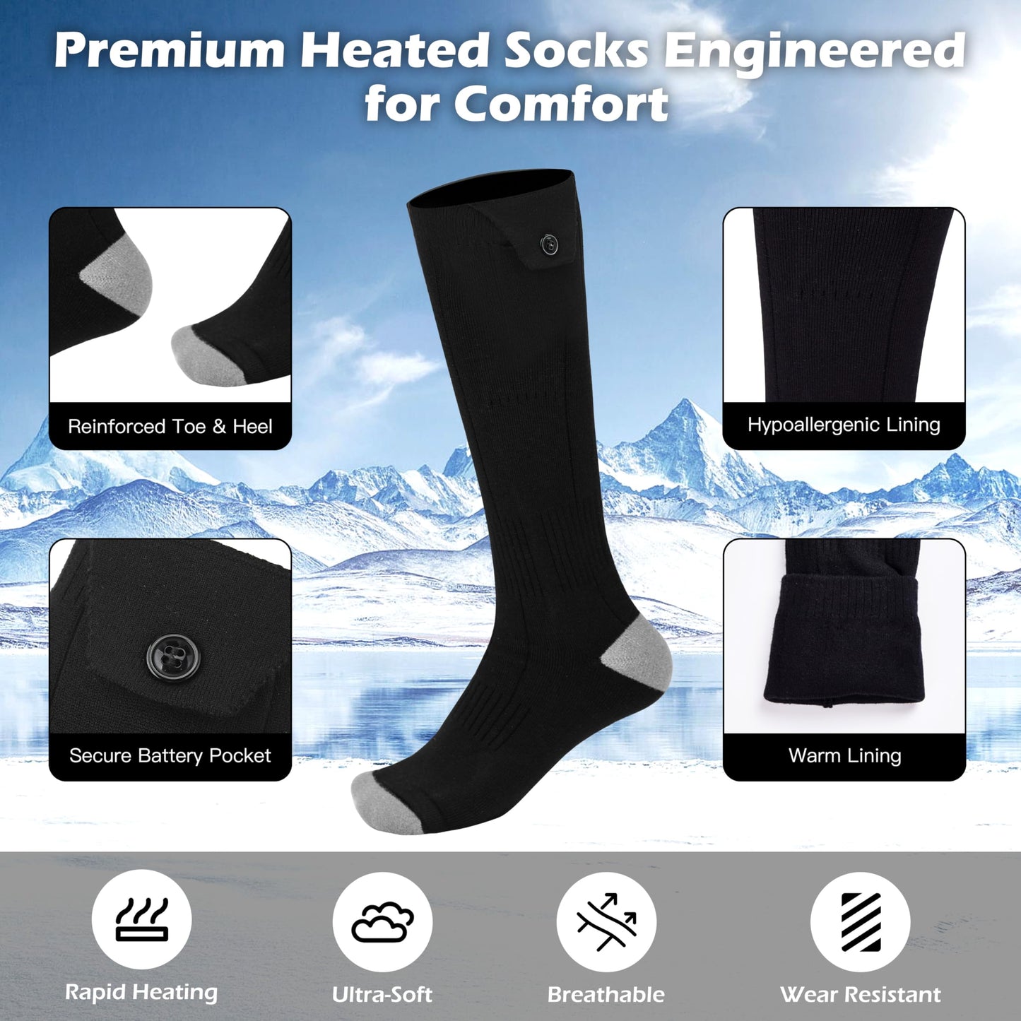 AiQiKang Heated Socks for Men Women Rechargeable Battery Powered Electric Thermal Heating Socks with 4 Heat Settings Foot Warmers for Cold Weather Hunting Hiking Outdoor Winter Work Sports