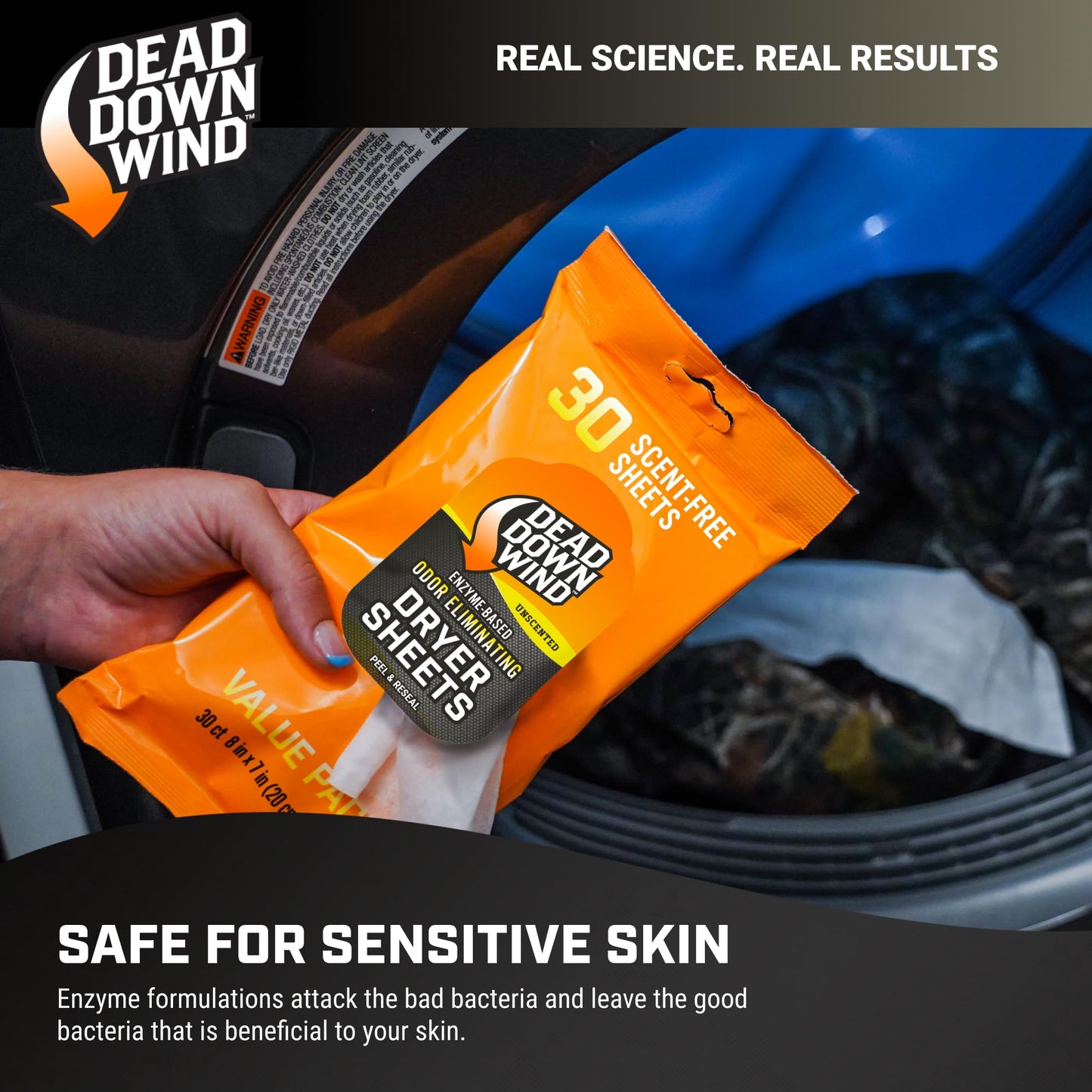 DEAD DOWN WIND Scent Killing Dryer Sheets (30Ct) – Odor Removing Sheet – Durable Hunting Scent Eliminators – Advanced Hunting Laundry Gear