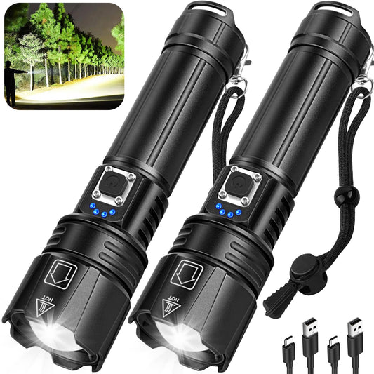 Rechargeable Led Flashlights High Lumens 2Pack, 99,000 Lumen Super Bright Flashlight with 5 Modes & 15H Long Runtime, Powerful Waterproof Handheld Flash Light for Home Camping