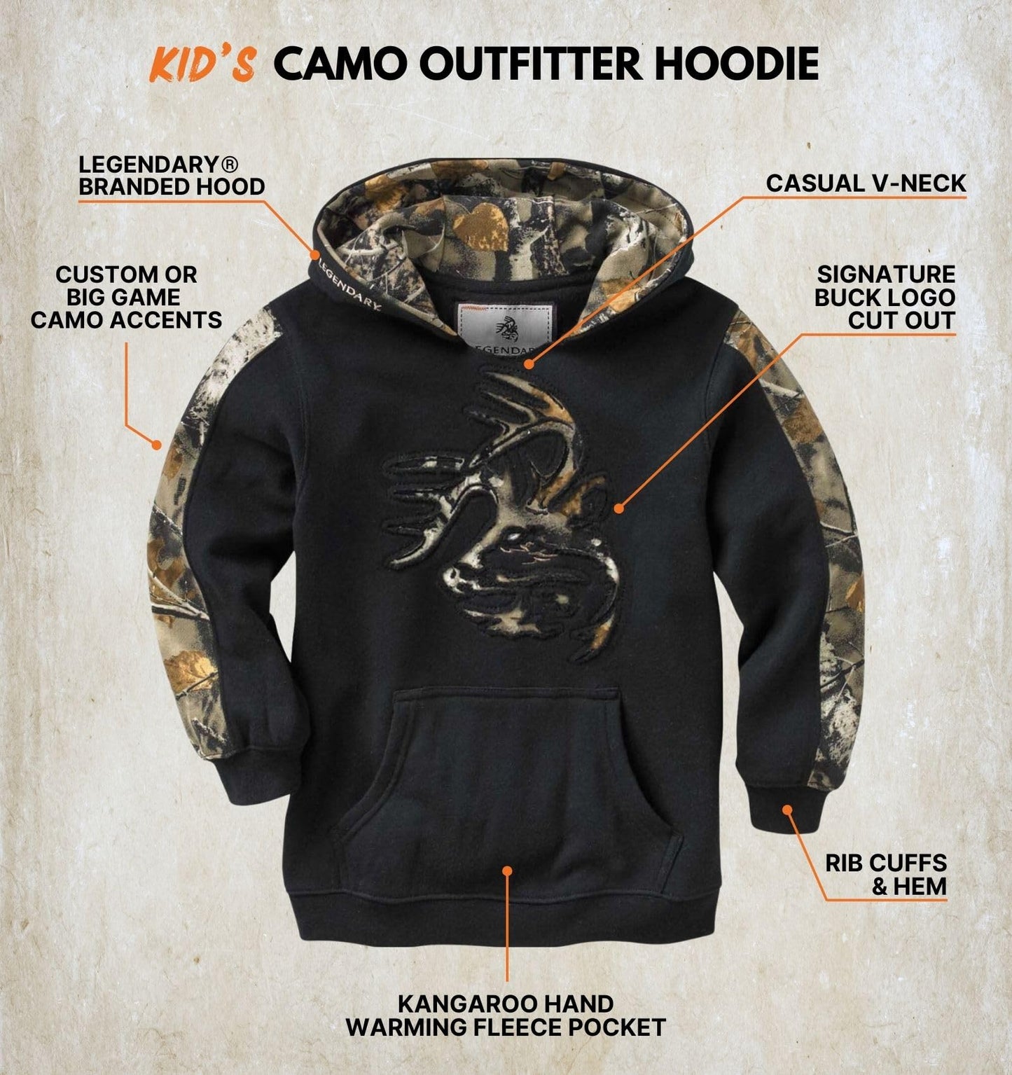Legendary Whitetails Kids Pullover Hoodie Camo Sweatshirt Comfy V-Neck Design, Onyx, MED