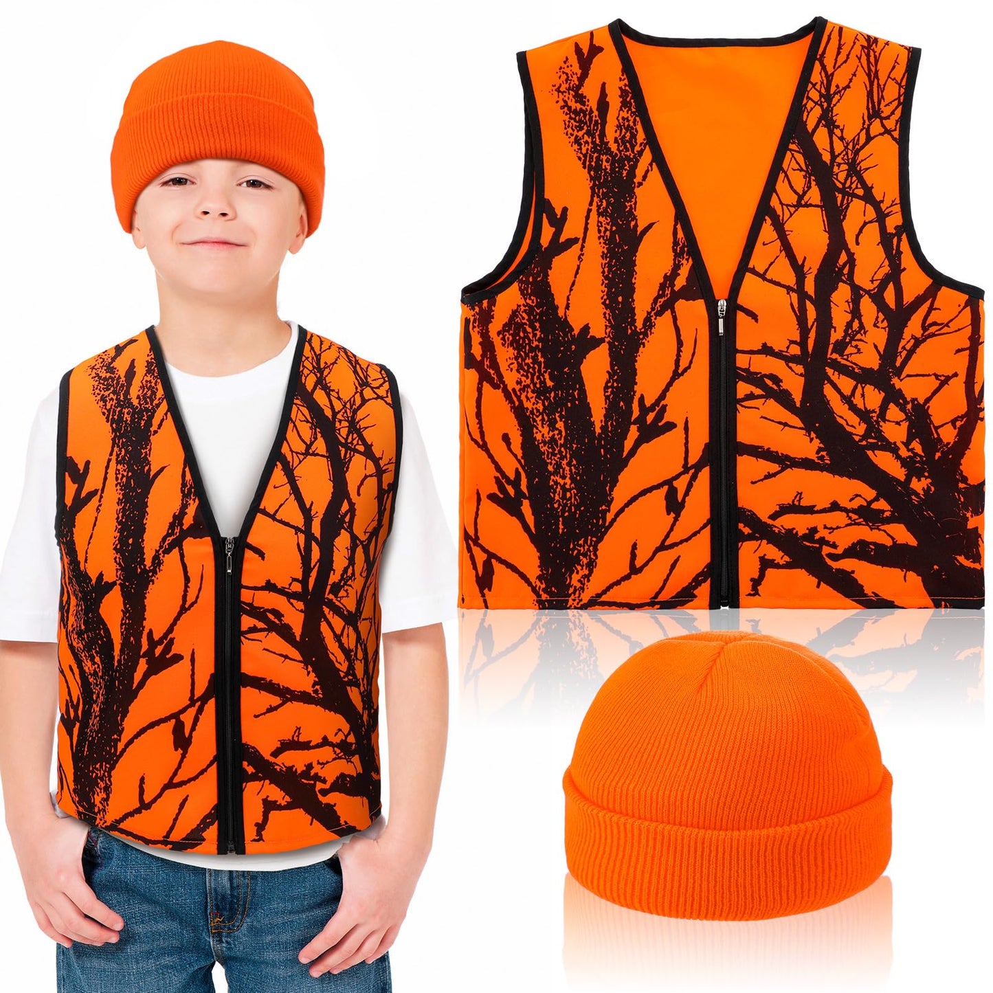 Berlune 2 Pcs Kids Hunting Vest & Beanie Set Reflective Hunting Clothes Blaze Vests for Night Hiking Outdoor(Orange,M,Pattern Style)