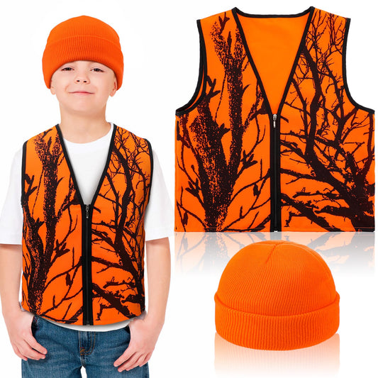 Berlune 2 Pcs Kids Hunting Vest & Beanie Set Reflective Hunting Clothes Blaze Vests for Night Hiking Outdoor(Orange,M,Pattern Style)