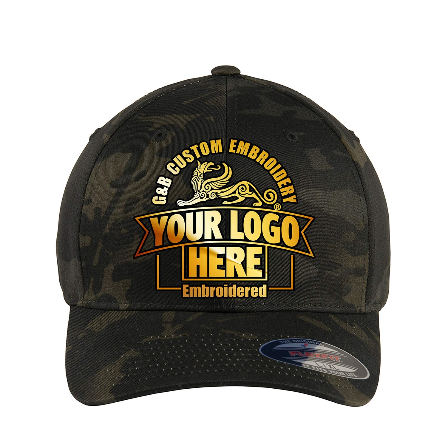 Custom Hat. Multicamo Flex Fitted Baseball Cap 6277. Embroidered. Place Your Own Logo or Design (L/XL, Multicam Black)
