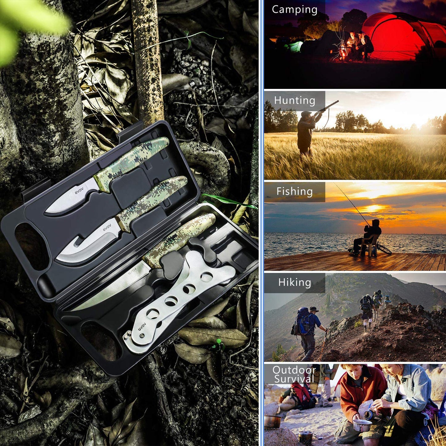 GVDV Hunting Knife Set - Deer Field Dressing Kit, Game Processor Set With Gut Hook Skinner, Spreader, Gloves - 6 Piece Butcher Gear for Men