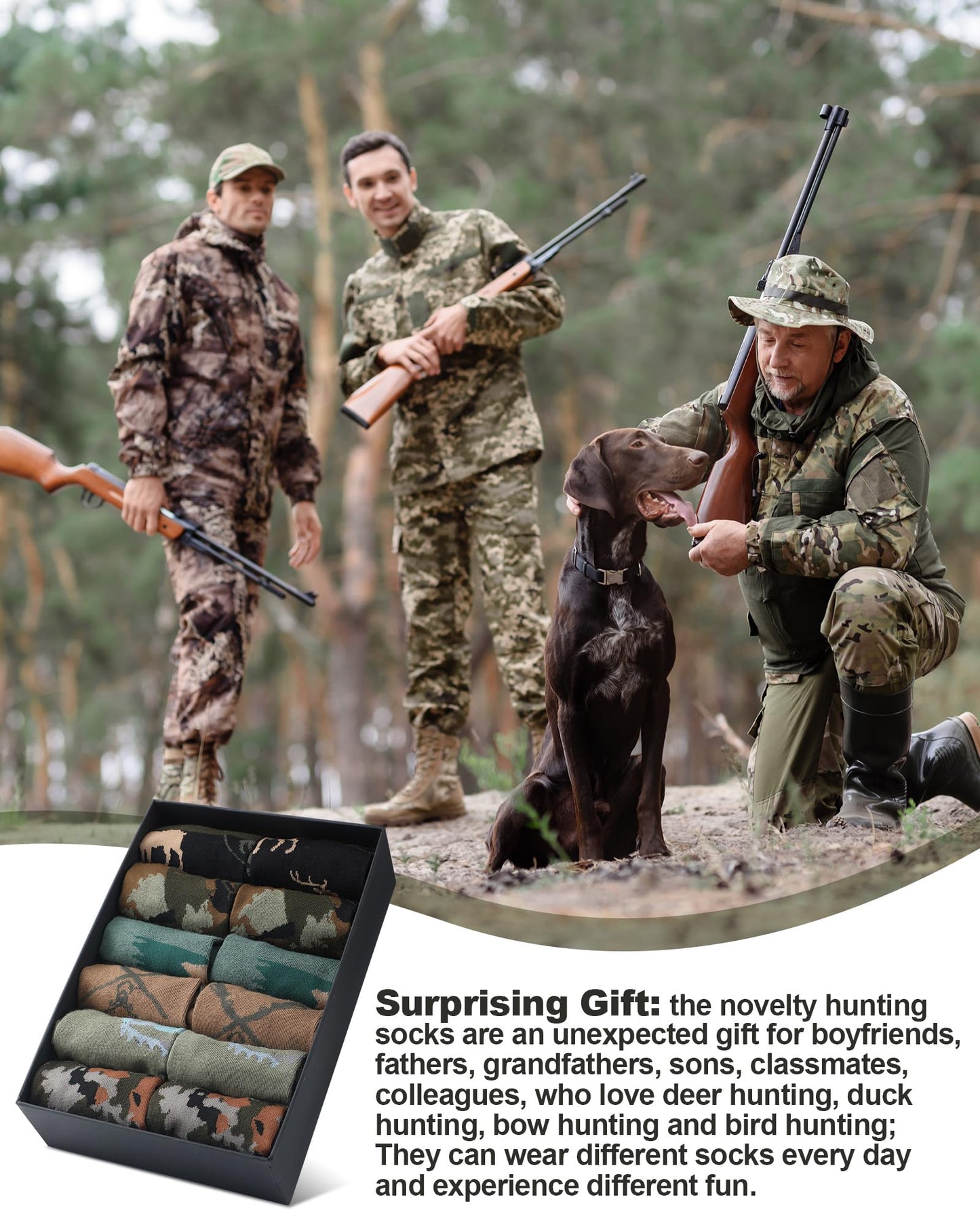 Eurzom 6 Pairs Funny Hunting Socks for Men Hunters Novelty Cotton Crew Socks Birthday Xmas Gift Accessories for Hunting Lover(Classic Color)