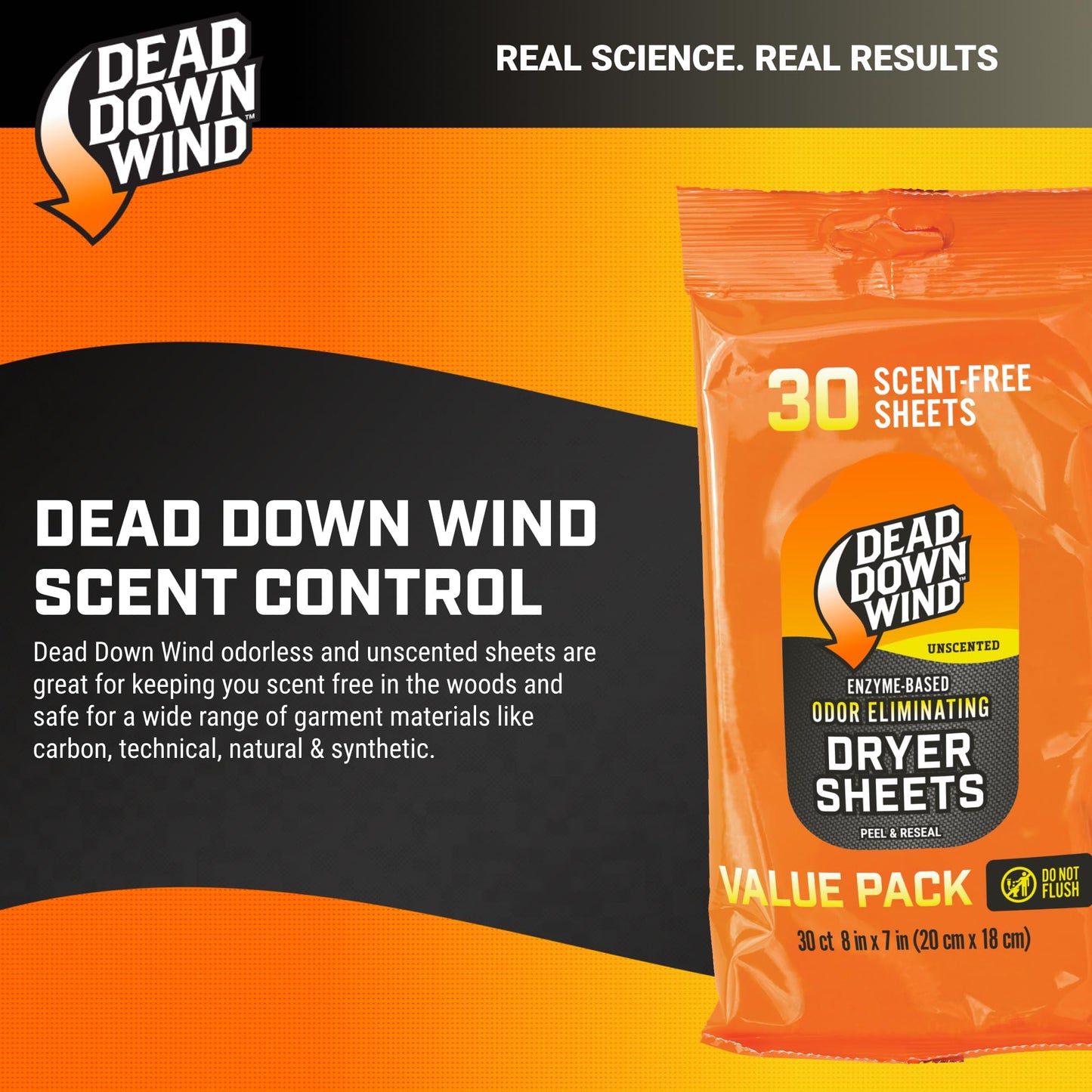 DEAD DOWN WIND Scent Killing Dryer Sheets (30Ct) – Odor Removing Sheet – Durable Hunting Scent Eliminators – Advanced Hunting Laundry Gear