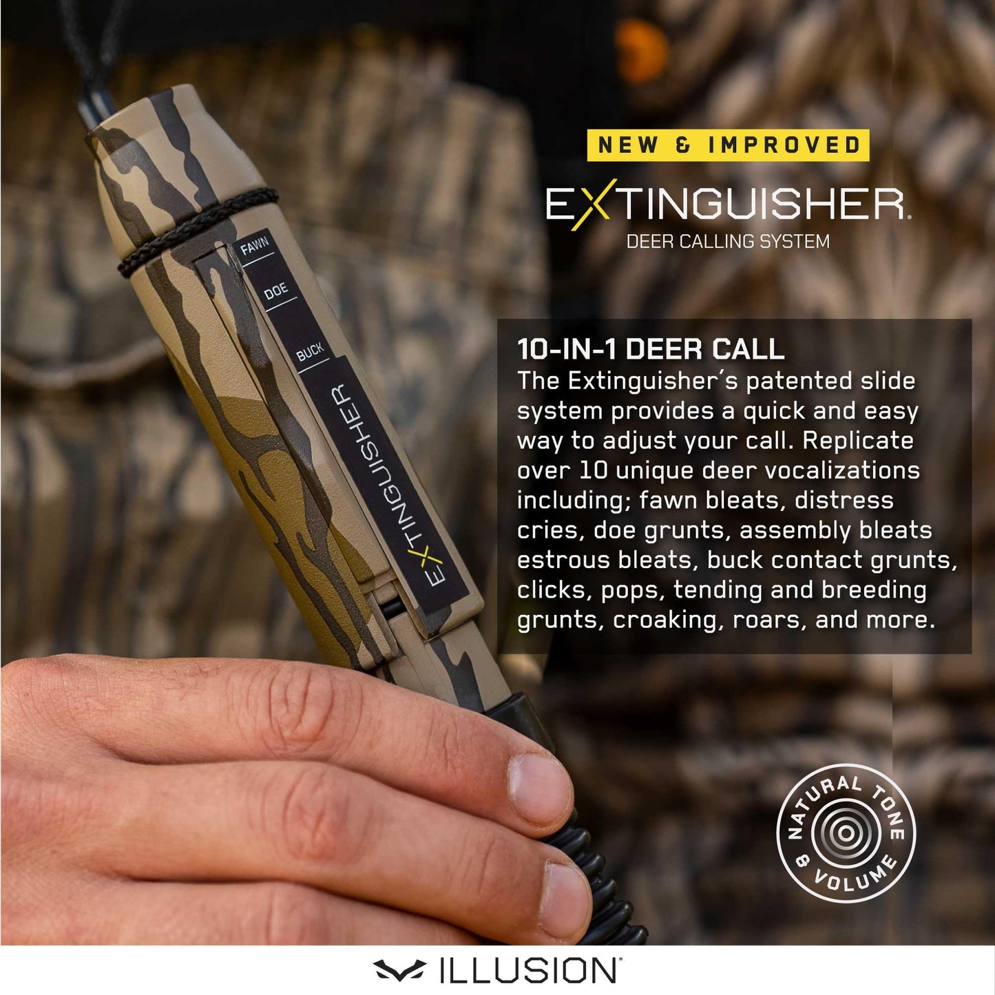 Extinguisher 2.0 Deer Call by Illusion | Grunt Tube | Buck, Doe, Fawn | Adjustable 10-in-1 Call | Color (MossyOak/Gray) | Freeze Resistant