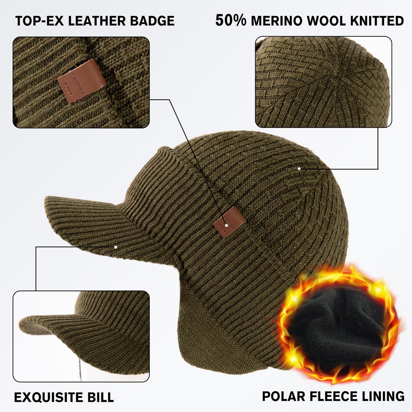 TOP-EX 50% Merino Wool Winter Hats Beanie with Brim Waterproof Warm Fleece Lined for Cold Weather (US, Alpha, Medium, Large, Updated Earflap Style#Green (Waterproof))
