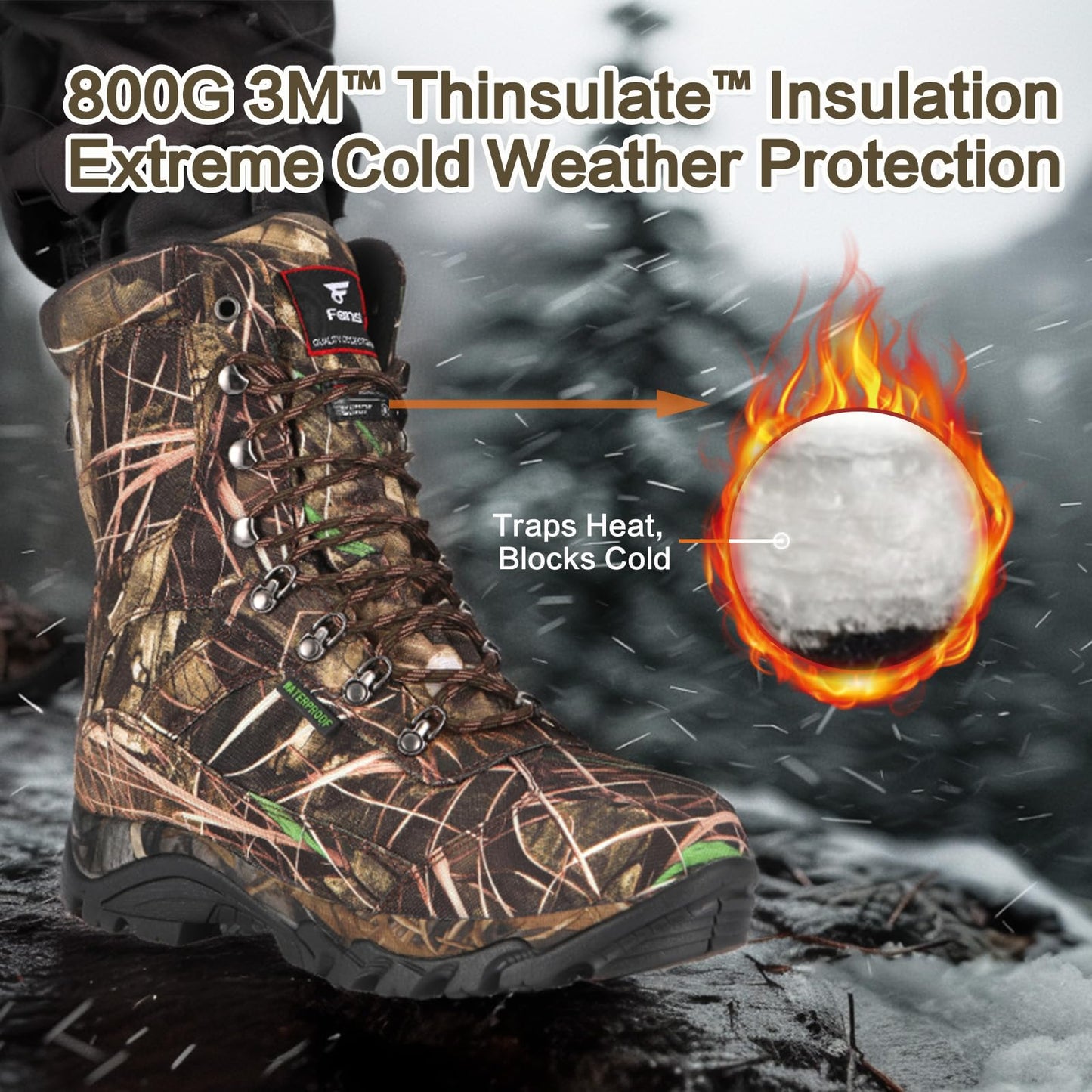 8 Fans Hunting Boots for Men, 800g Thinsulate Insulated Waterproof Hunting Shoes, Lightweight Anti-Slip Outdoor Boots for Cold Weather, Hiking, Fishing Size 9