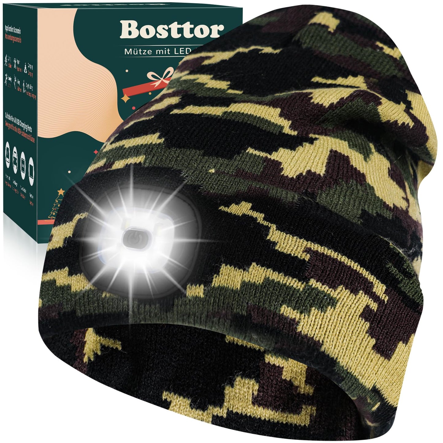 Bosttor LED Beanie Hat with Light, Rechargeable Headlamp Cap, Unisex Winter Warm Knitted Hats, Headlight Flashlight for Running Hiking Camping,Tech Gifts for Men Women Handyman Teens Camouflage