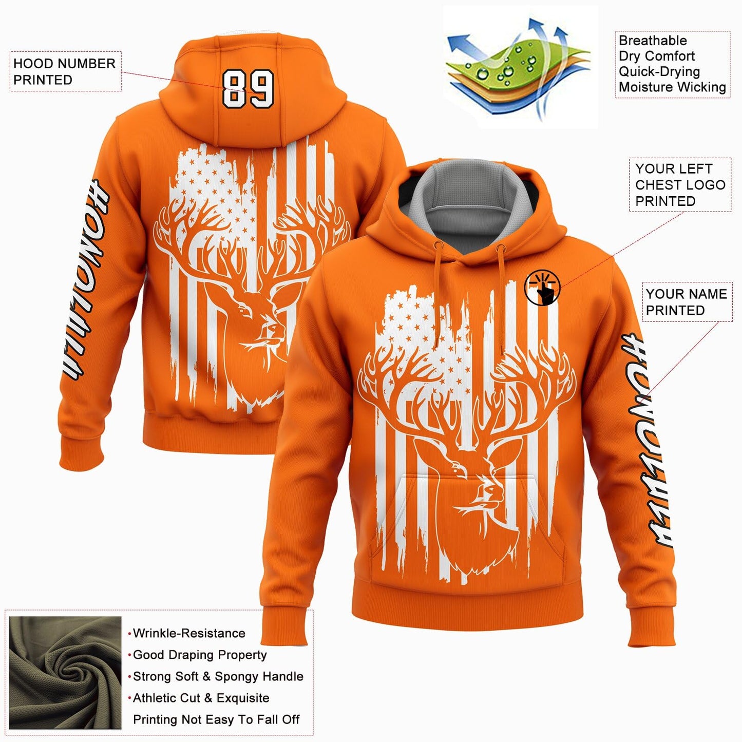 Custom Hunter Orange Hoodie Deer Hunting Sweatshirt Patriotic USA Flag Personalized Sports Baseball Pullover Hoodie Printed Name Number Logo for Men Women Outdoor Camping Hunting Wear