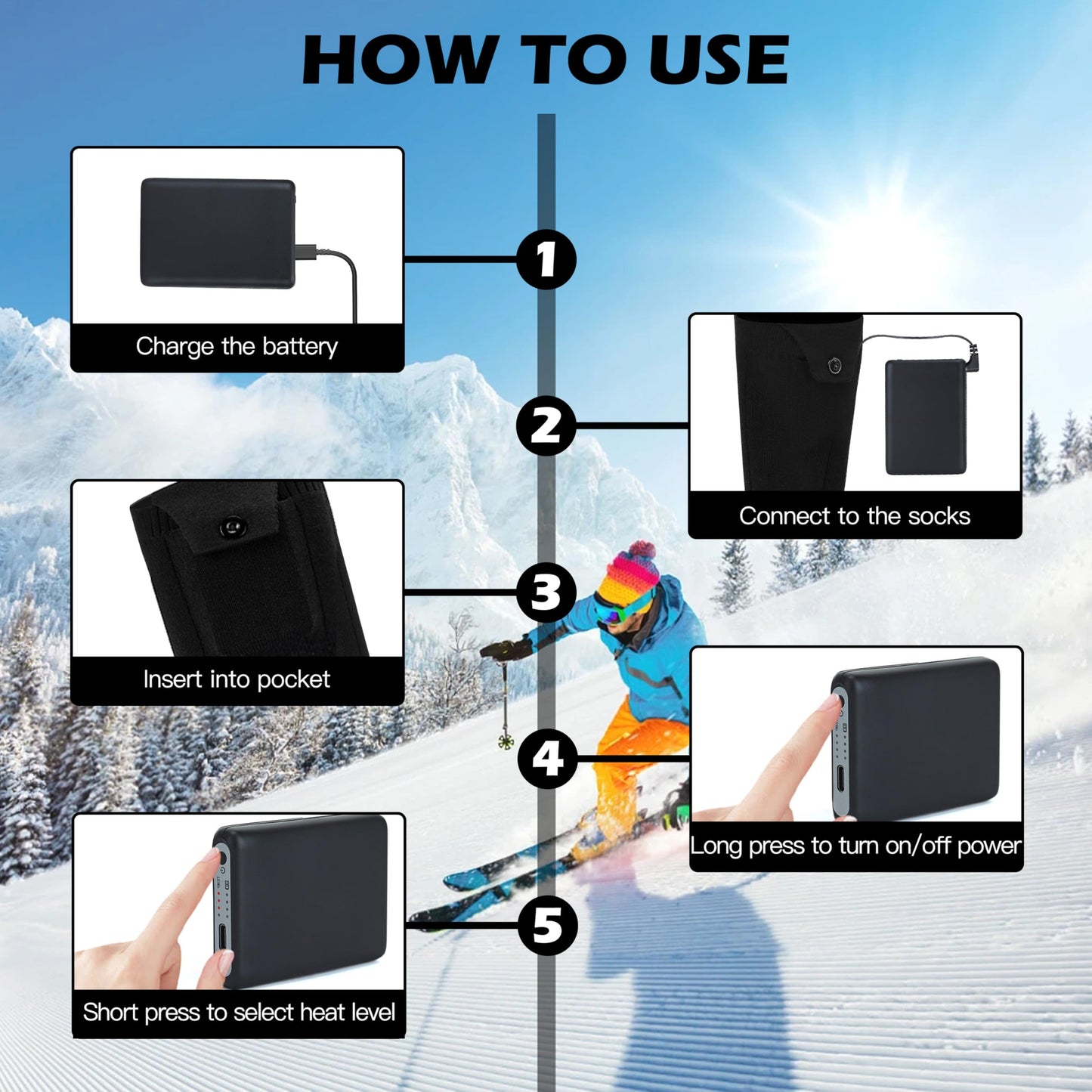 AiQiKang Heated Socks for Men Women Rechargeable Battery Powered Electric Thermal Heating Socks with 4 Heat Settings Foot Warmers for Cold Weather Hunting Hiking Outdoor Winter Work Sports