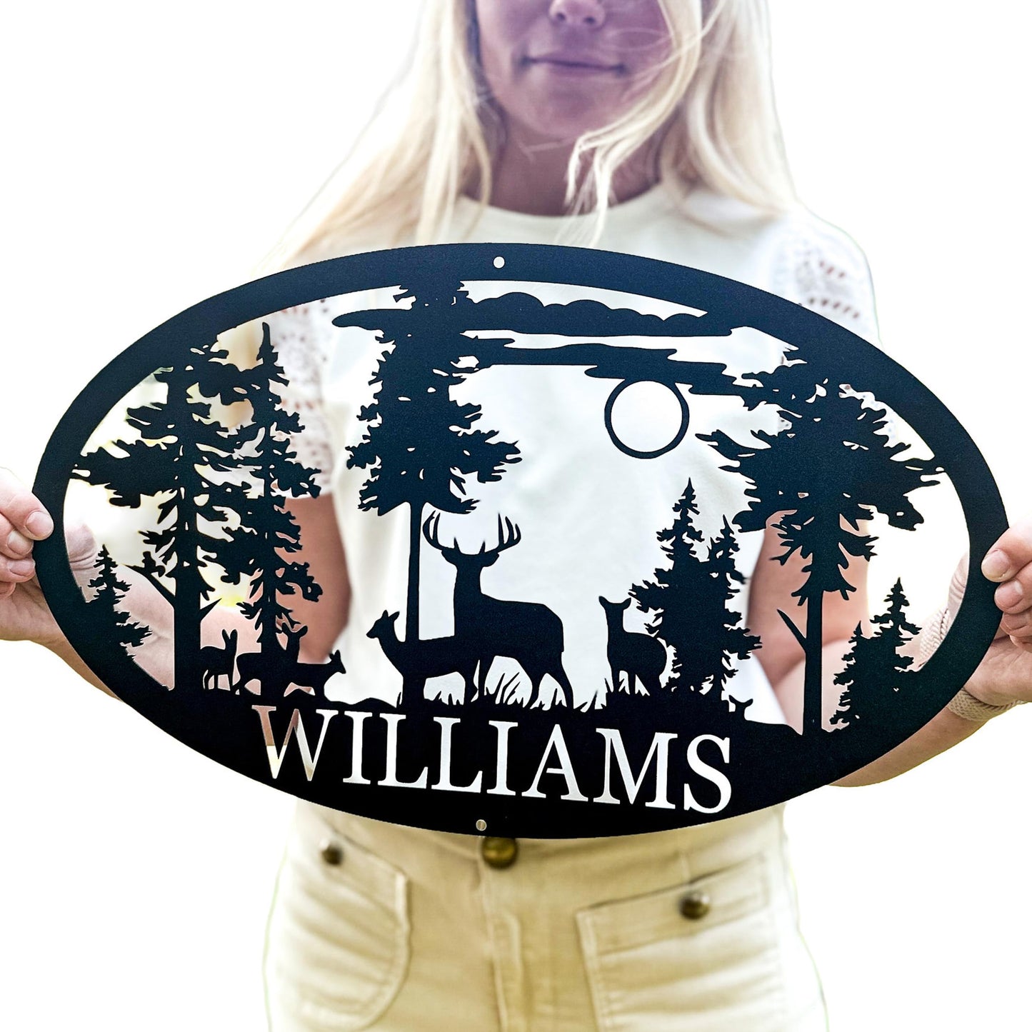 Personalized Oval Deer Metal Cabin Sign | Outdoor Hunting | Deer Hunter Gift | Custom Family Name Sign | Last Name Deer Monogram | Cabin Decor