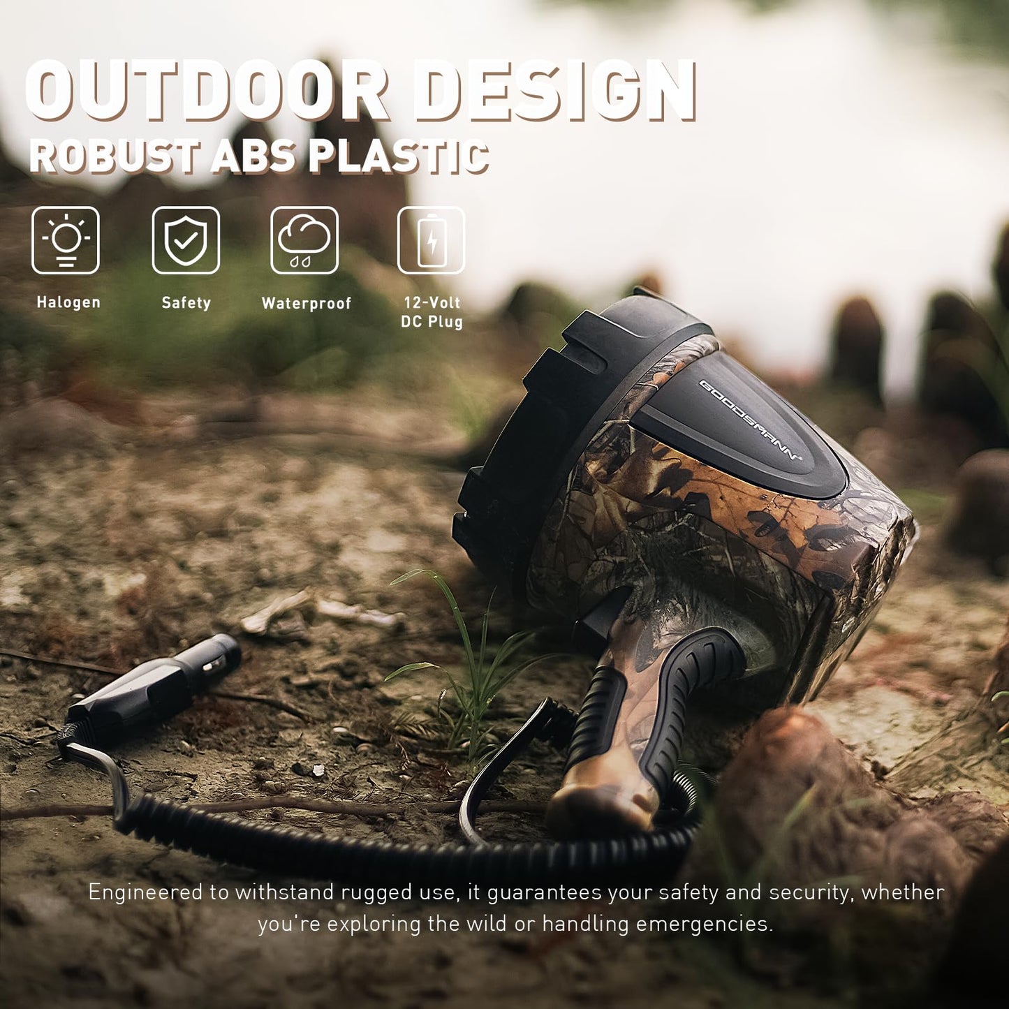 GOODSMANN Spotlight Hunting Camo Portable Handheld Spotlights 1500 Lumen Realtree® Xtra Halogen Boat Corded 12V Plug-in Spot Light Outdoor with Oxford Bag Tactic Pro H102-01