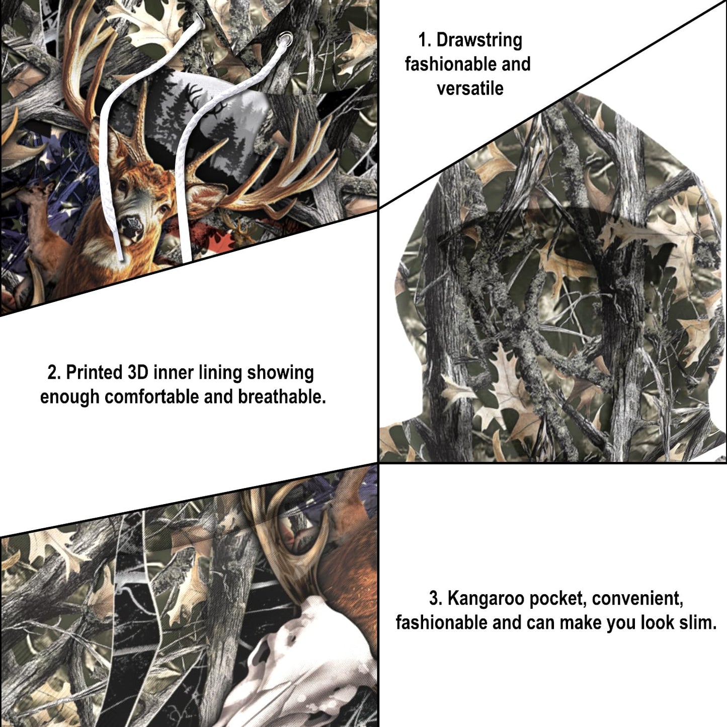 ENCYCOM Custom Color Deer Hunting Hoodie - 3D Deer Hunting Sweatshirt For Men Women, Camo Hooded Jacket S-5XL (Deer Skull Camo)