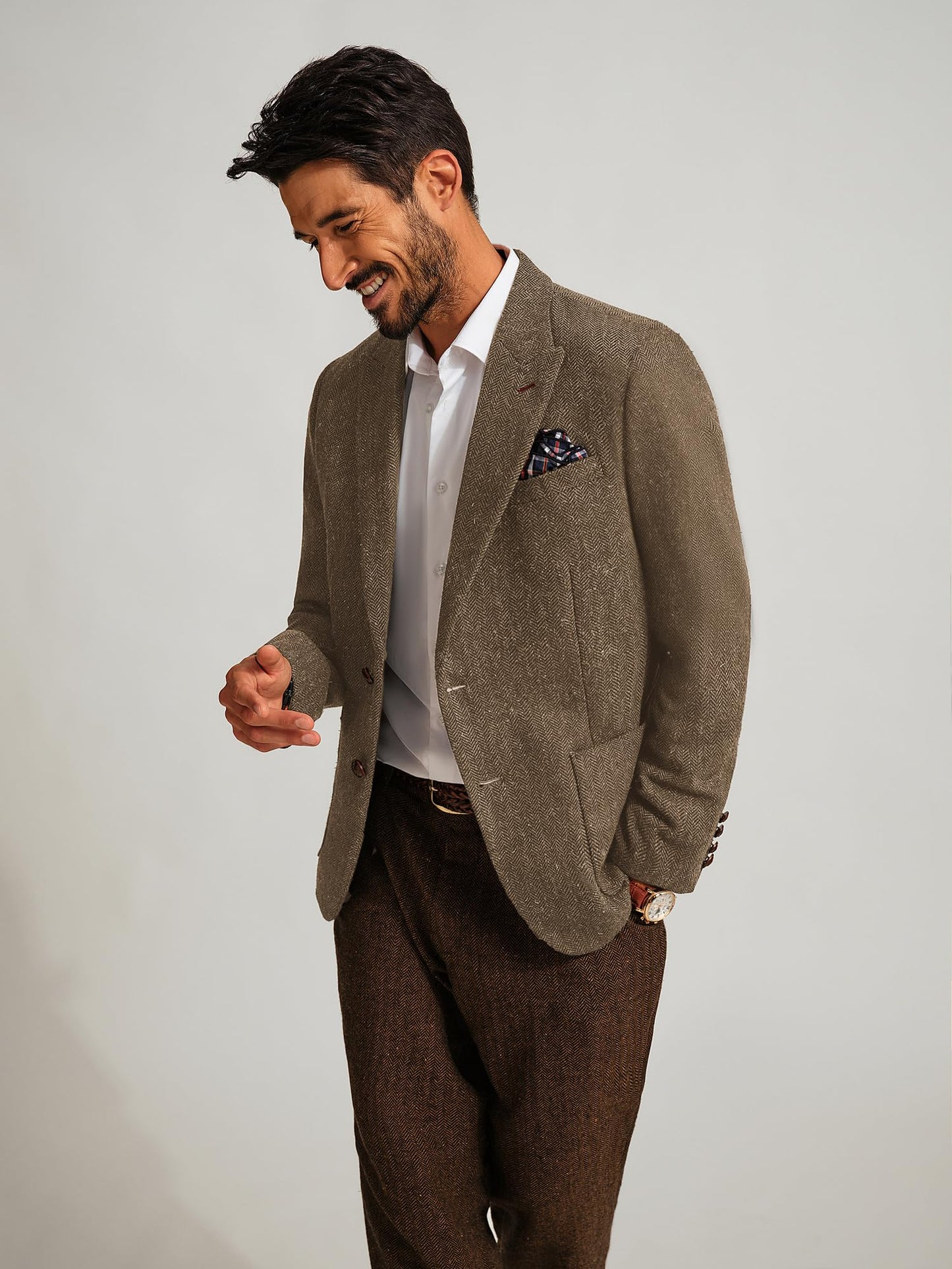 PJ PAUL JONES Mens Sport Coats and Blazers British Wool Blend Sport Coat Tweed Herringbone Blazer for Wedding L Coffee