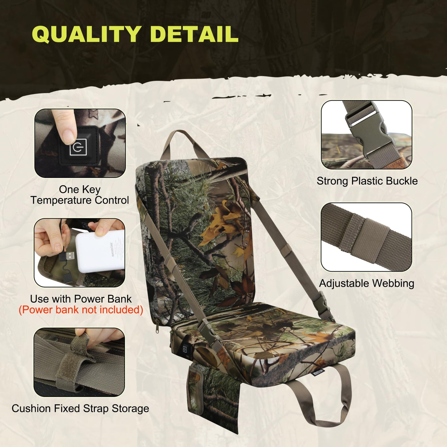 MDSTOP Heated Hunting Seat Cushion with Backrest, Adjustable Hunting Seat for Tree Stand & Ladder Stand, Portable Seat Pads for Hunting,Ice Fishing,Hiking,Camping (Battery not Included) (Camouflage)