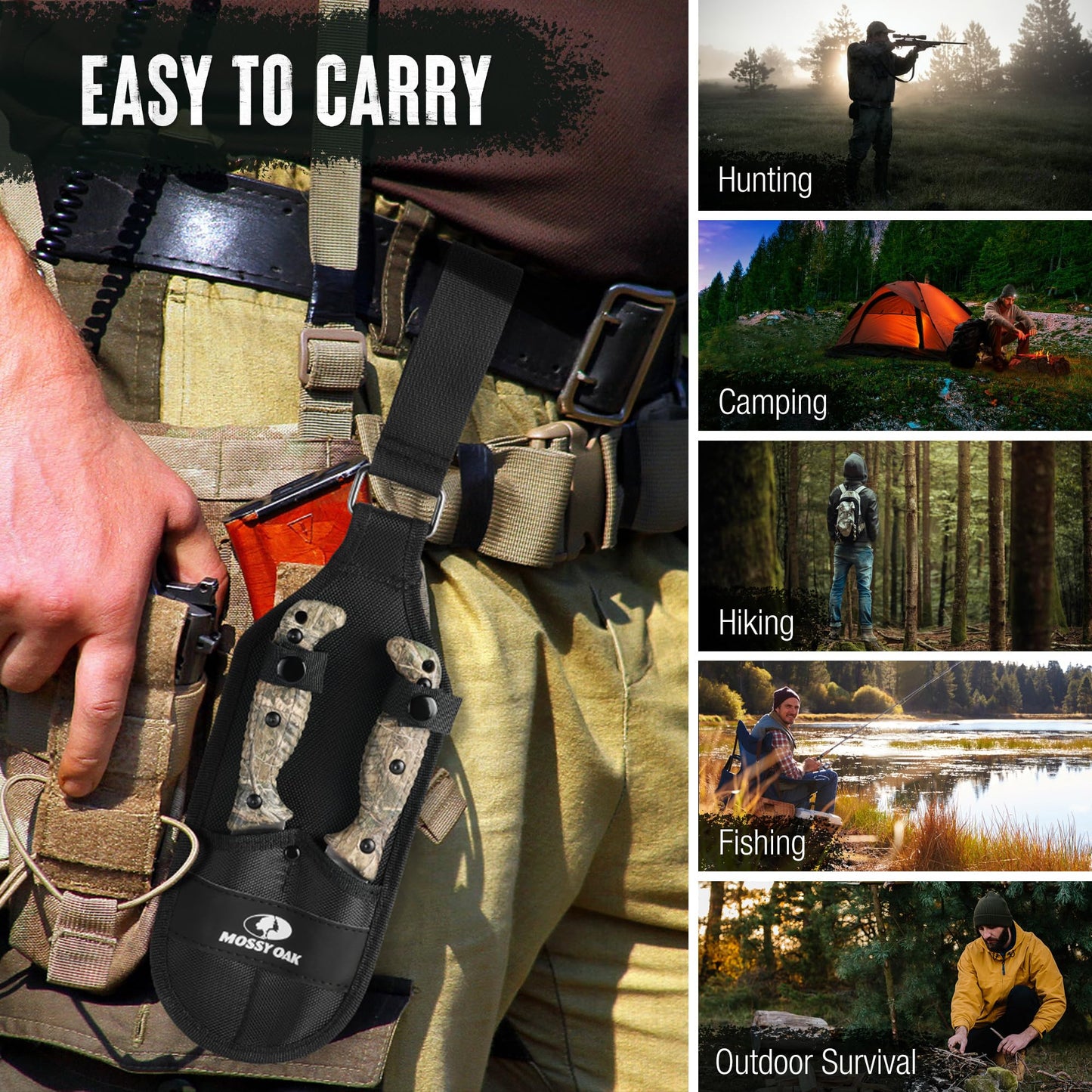 Mossy Oak Field Dressing Kit, 4 Pcs Camouflage Hunting Knife Set with Sheath, Gut-Hook Skinner, Caping Knife, Wood/Bone Saw, Knife Sharpener, for Deer Hunting, Camping, Perfect Hunting Gifts for Men