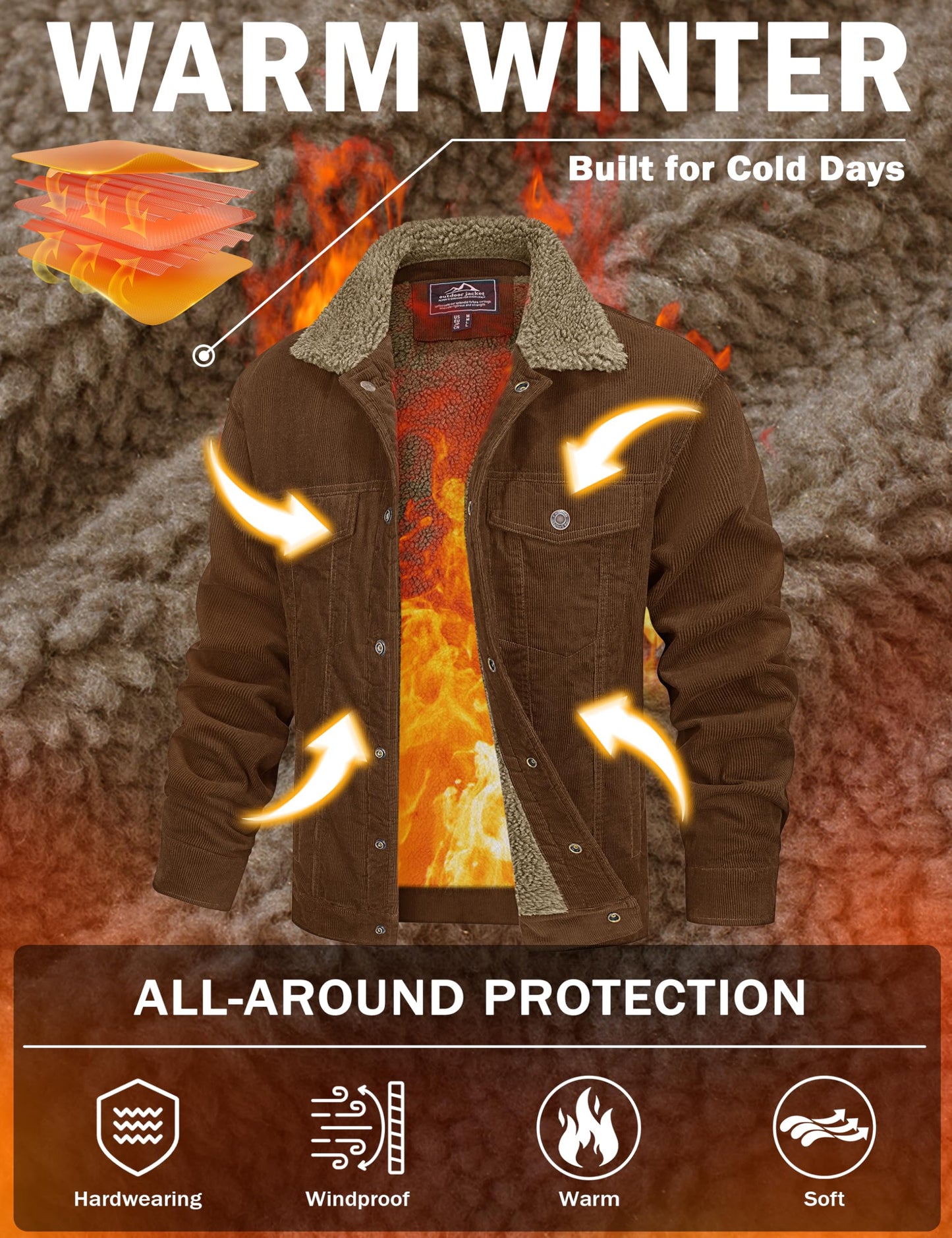 MAGCOMSEN Winter Jackets for Men Corduroy Jacket Men Sherpa Lined Fleece Warm Cargo Casual Coat with 5 Pockets