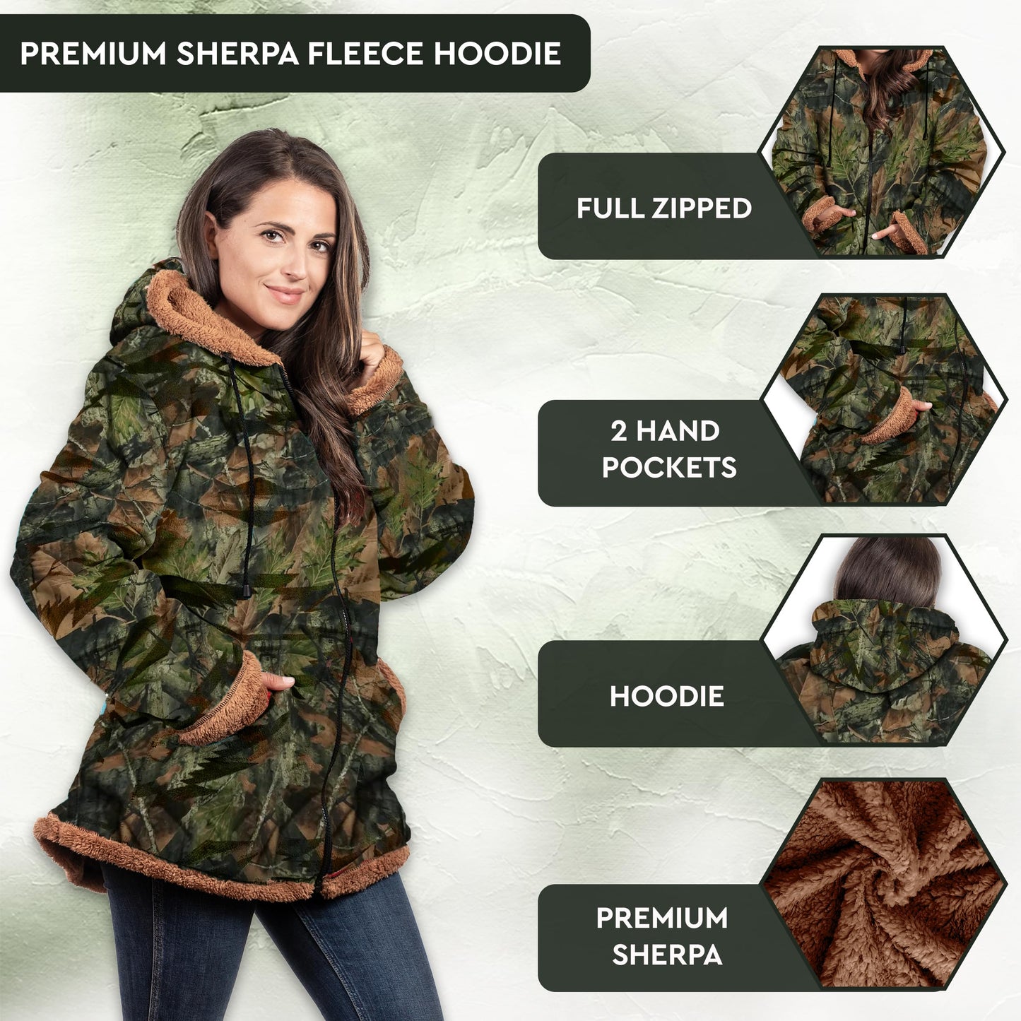 TrailCrest Camo Ladies Smart Plush Sherpa Lined Hooded Sweater Jacket, Zip Up Classic Camo Jacket for Women - Camouflage, L