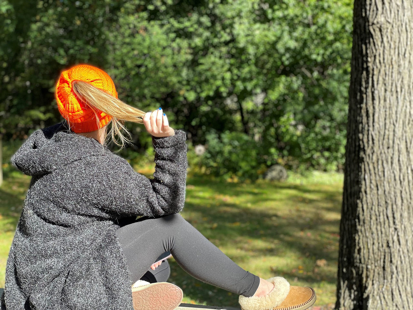 Funky Junque Ponytail Beanie for Women – Ponyback Winter Hat with Soft Stretch Cable Knit, High Pony Messy Bun Hats for Running and Cold Weather Activities - Neon Orange