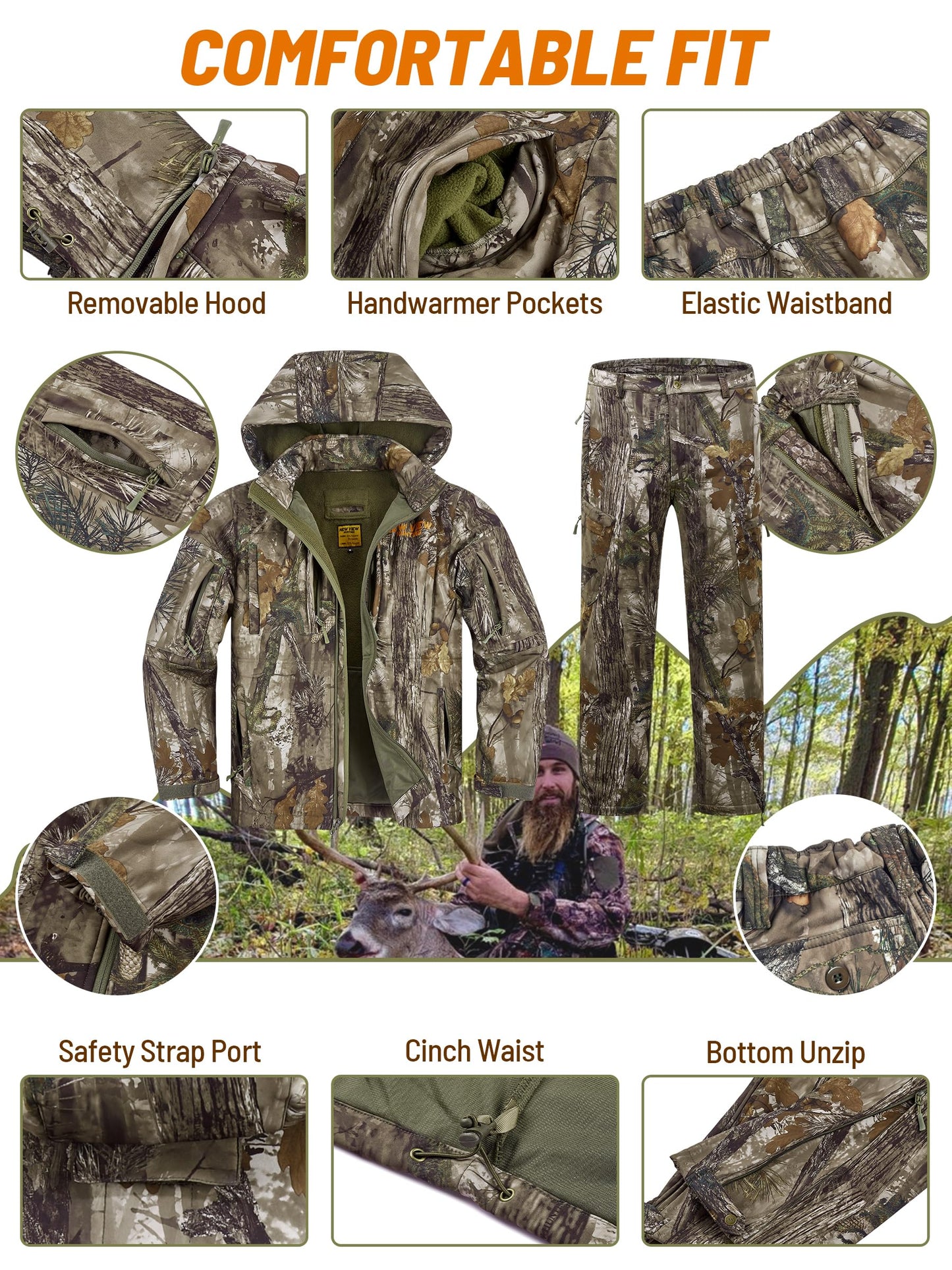 NEW VIEW Camo Hunting Clothes for Men, Quiet Warm Fleece Lining, Cold Weather Deer Hunting Jacket and Pants with Face Mask