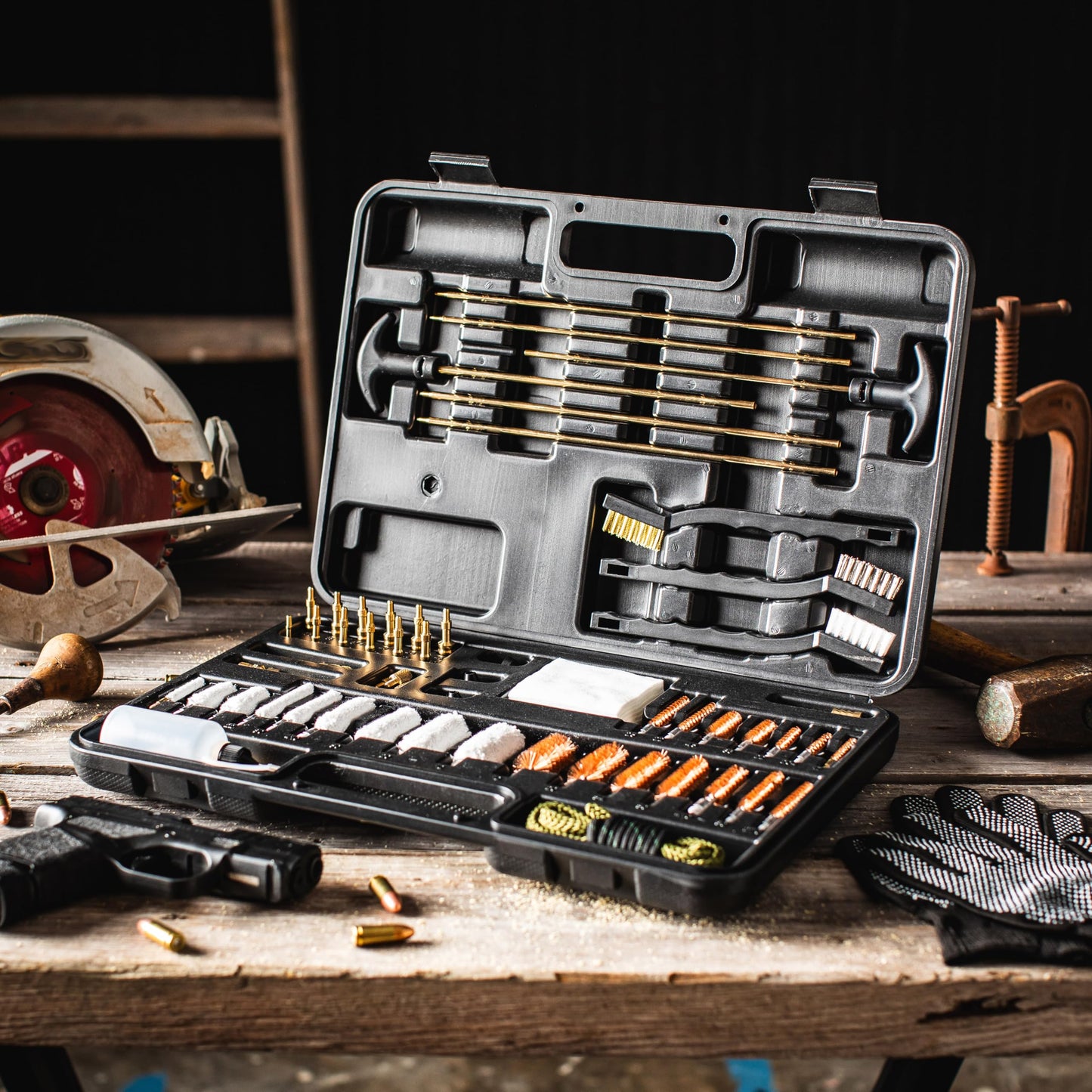 Elite Universal Gun Cleaning Kit for All Guns, Gun Brushes for Pistol Handgun Shotgun Rifle, Durable Brass Rods, 9mm Bore Rope, Oil Bottle, Brushes, Brass Jags, Carrying Case Gun Accessories for Men