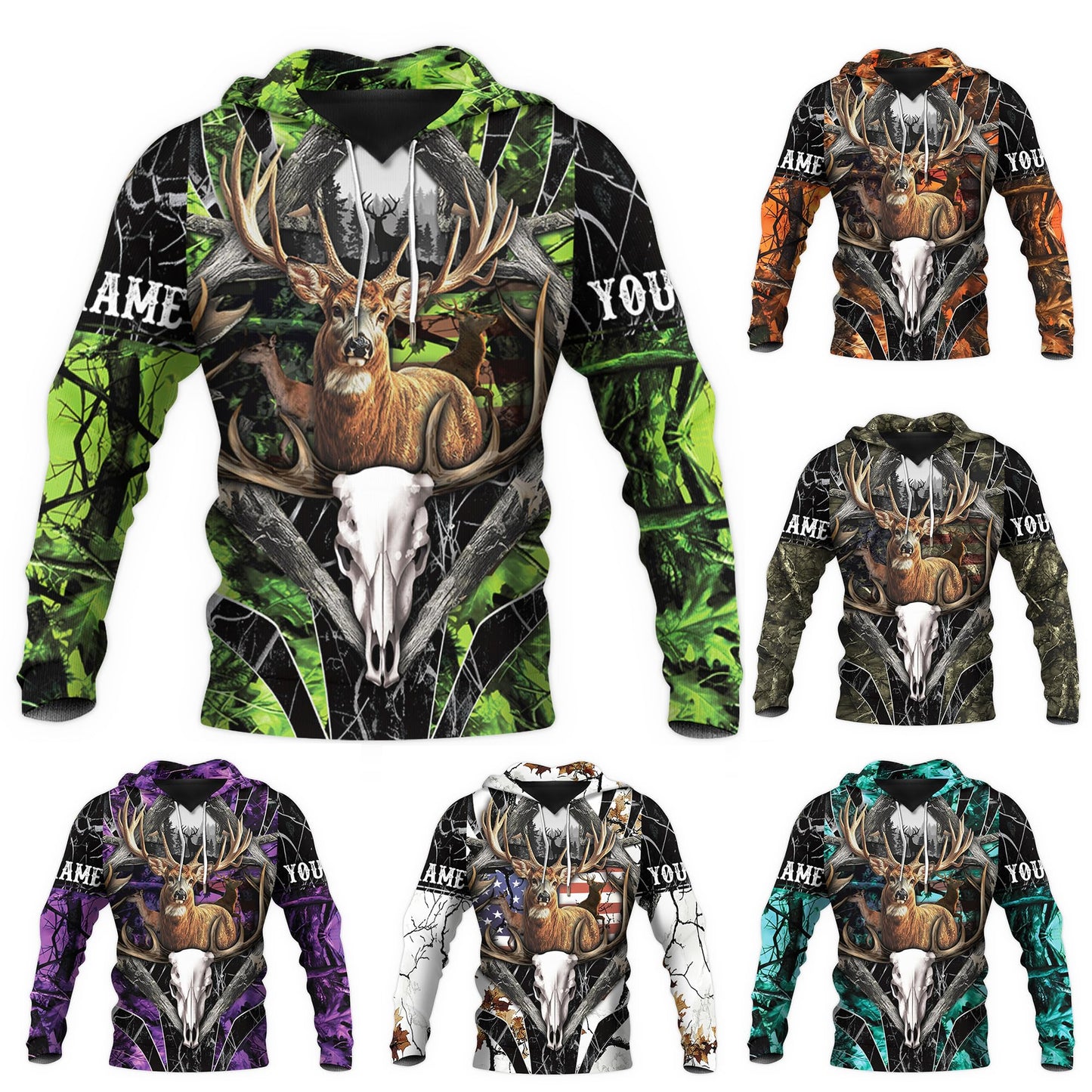 ENCYCOM Custom Color Deer Hunting Hoodie - 3D Deer Hunting Sweatshirt For Men Women, Camo Hooded Jacket S-5XL (Deer Skull Camo)
