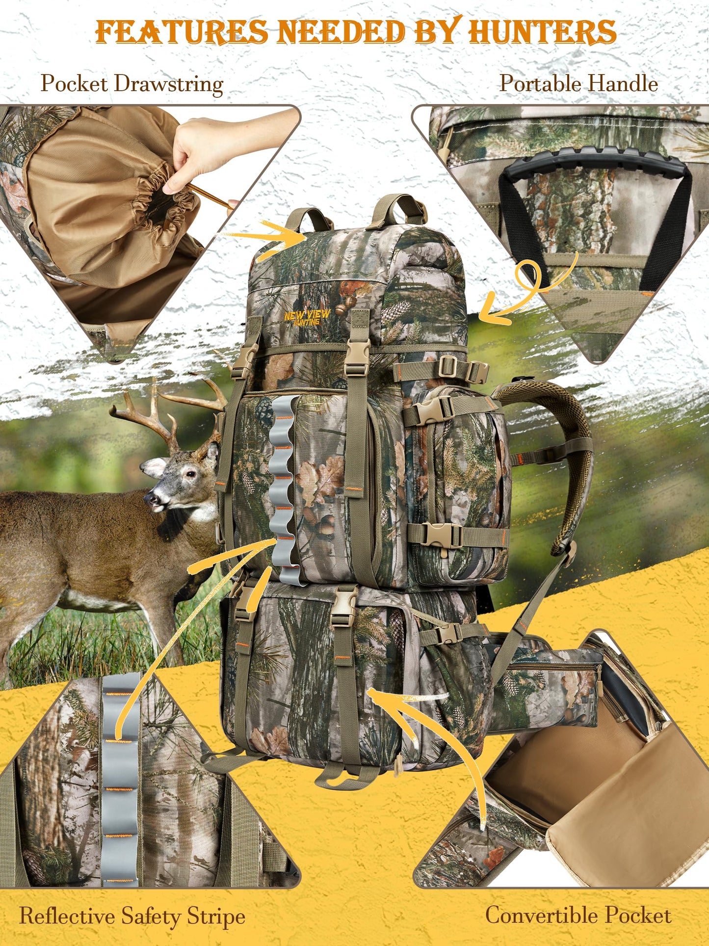 NEW VIEW Hunting Backpack for Men 80L, Camo Bag for Deer, Elk, Waterproof Daypack with Rain Cover & Frame