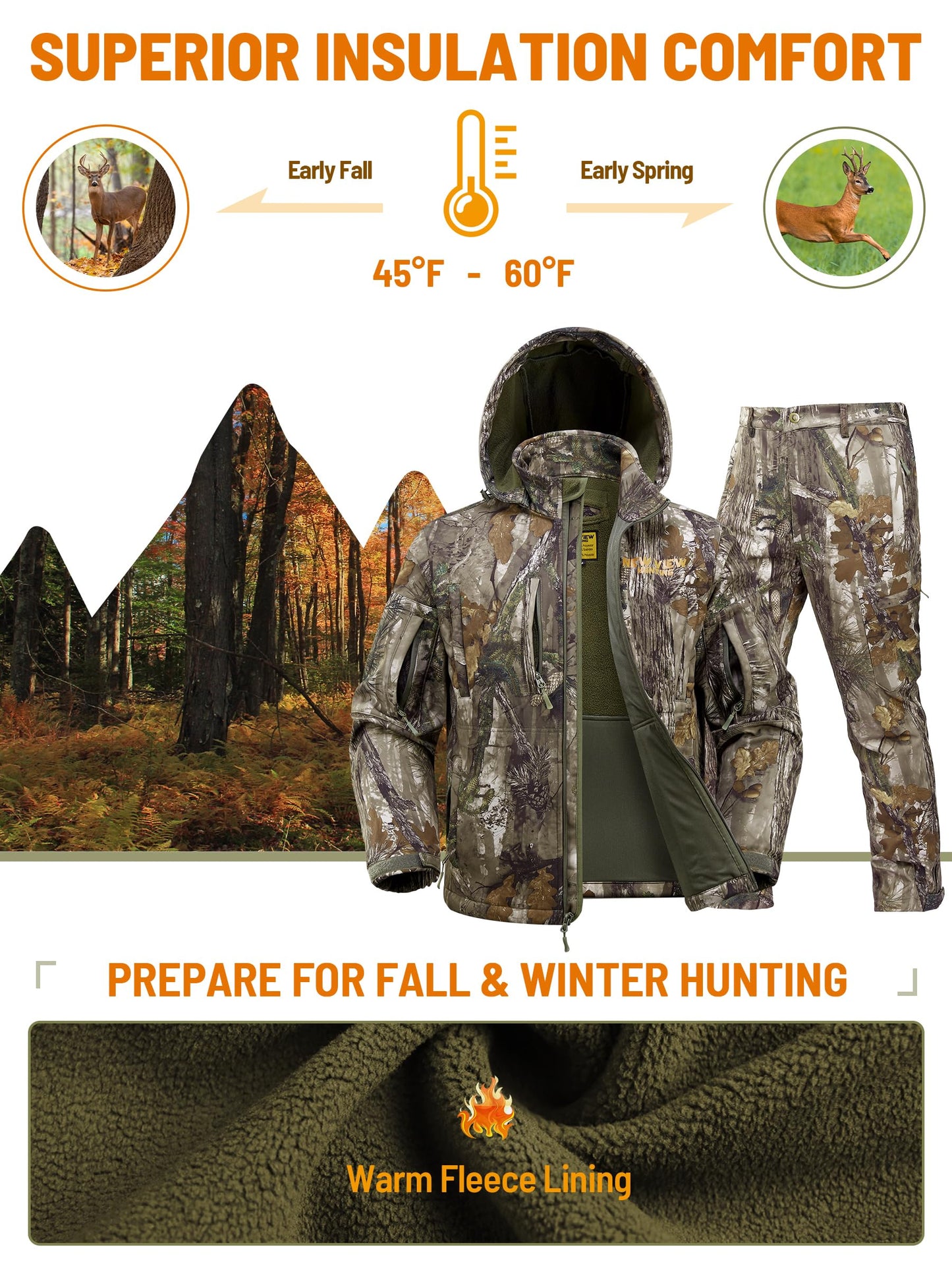 NEW VIEW Camo Hunting Clothes for Men, Quiet Warm Fleece Lining, Cold Weather Deer Hunting Jacket and Pants with Face Mask