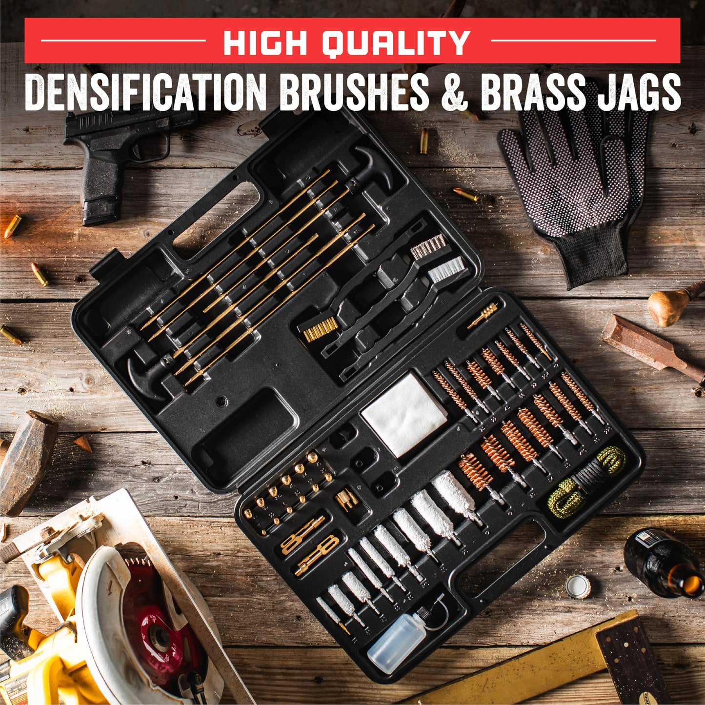 Elite Universal Gun Cleaning Kit for All Guns, Gun Brushes for Pistol Handgun Shotgun Rifle, Durable Brass Rods, 9mm Bore Rope, Oil Bottle, Brushes, Brass Jags, Carrying Case Gun Accessories for Men