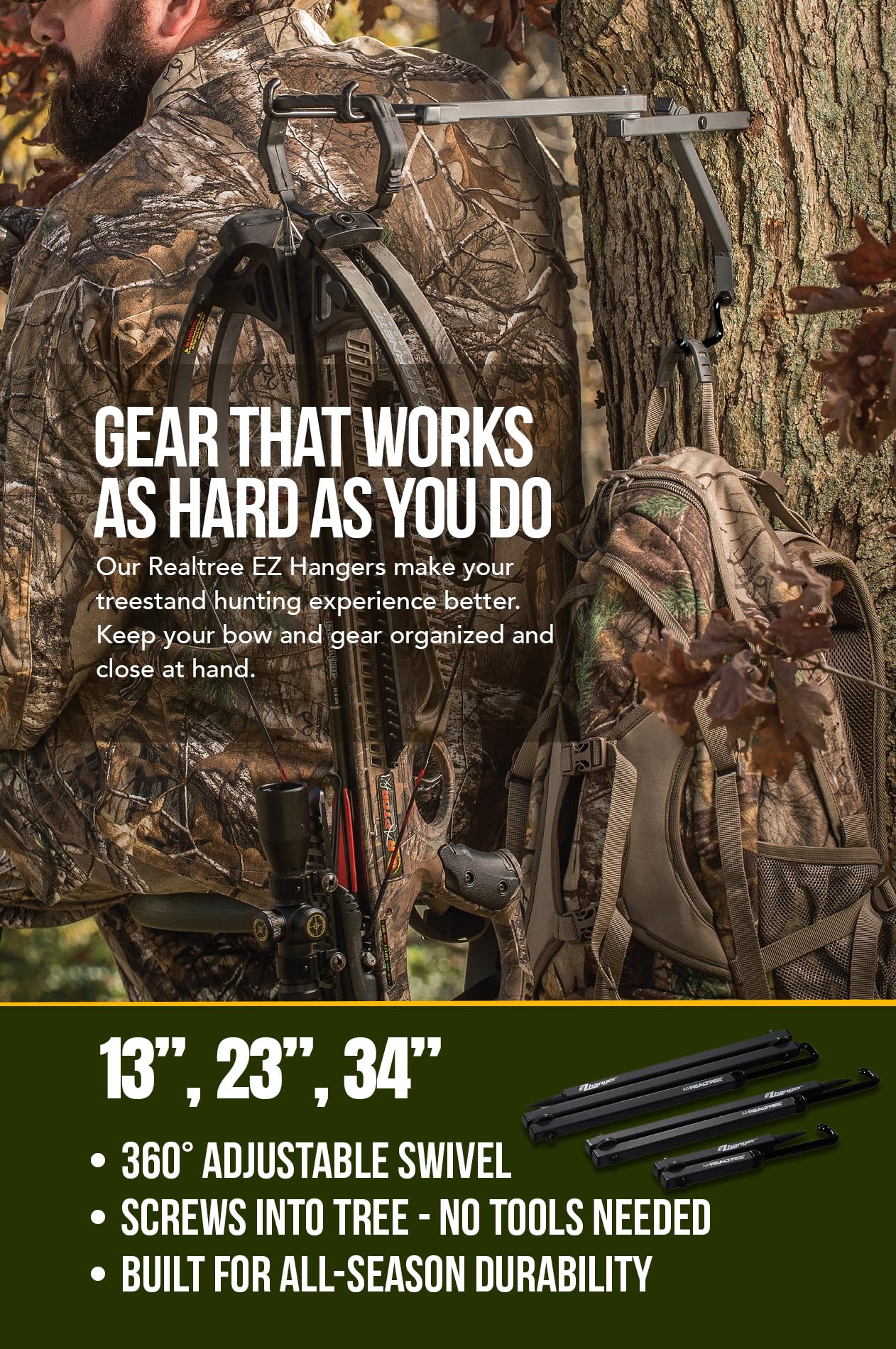 Realtree Multi-Purpose EZ Hanger Combo 3-Pack – 13”, 23”, 34” – Durable Tree Stand Bow and Gear Hanger for Hunting – Foldable, Lightweight, Easy-Screw Design