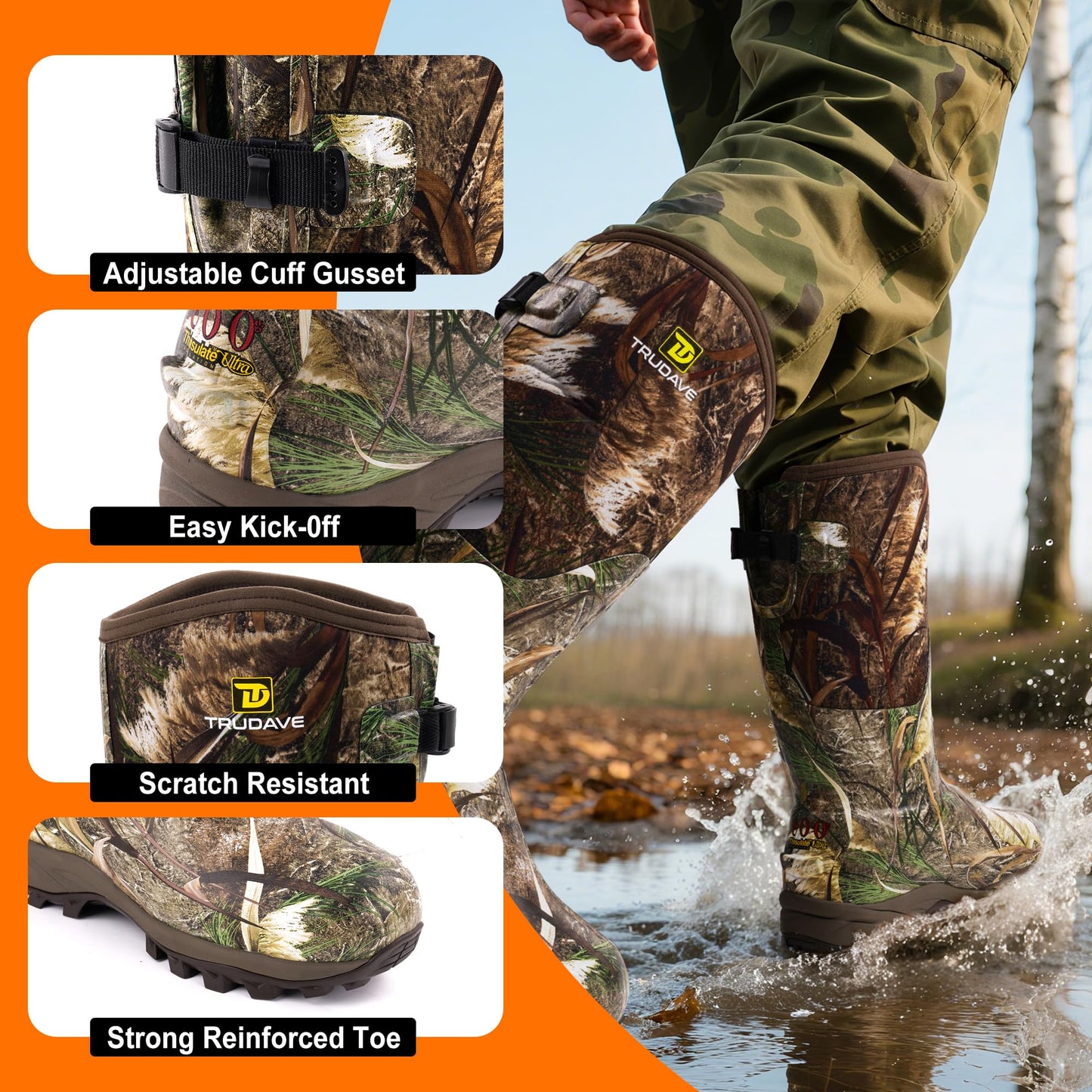 Trudave 6mm Hunting Boots for Men,Waterproof Insulated Rubber Boots,Provide Warmth and protection for Outdoor Hunting(800g Insulated)