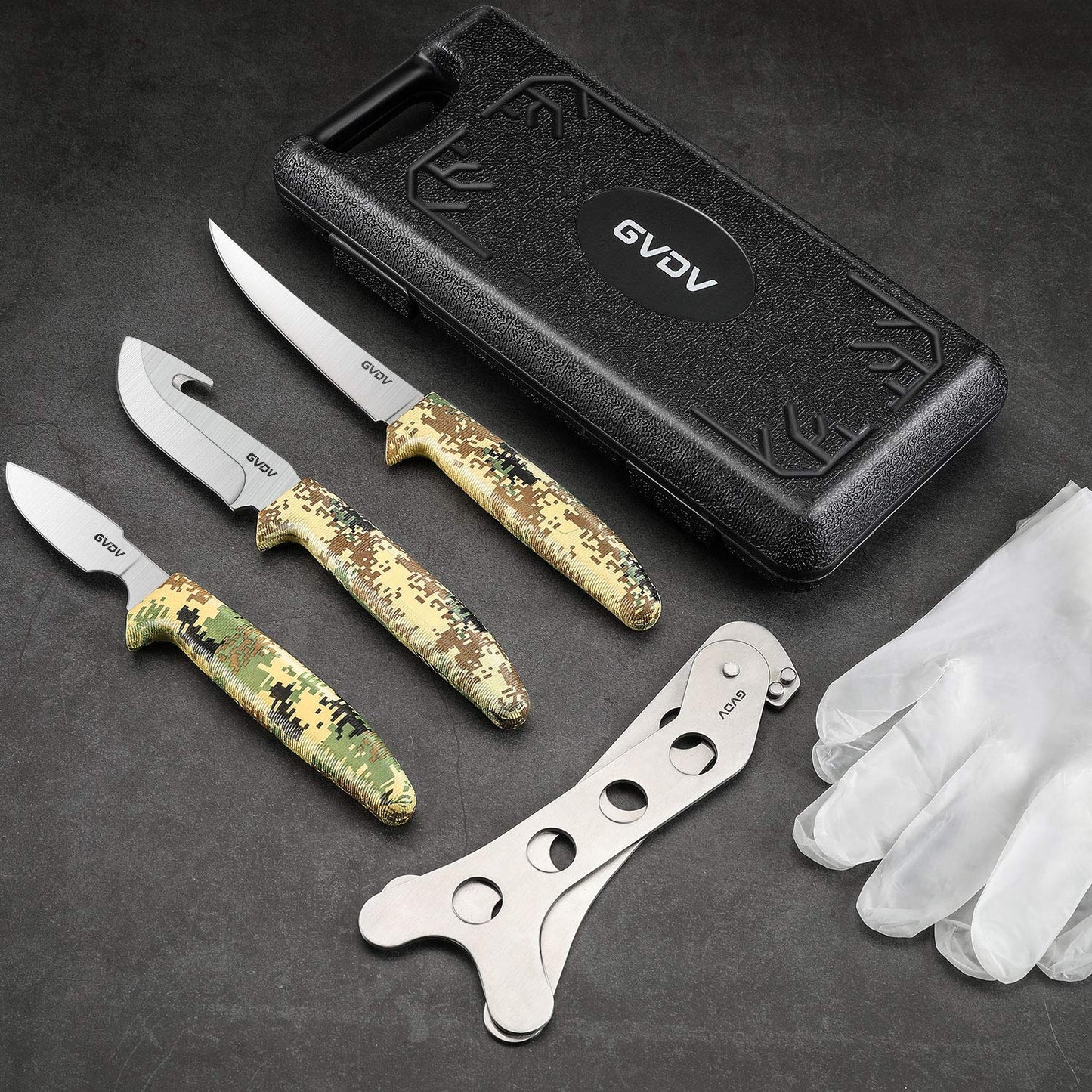 GVDV Hunting Knife Set - Deer Field Dressing Kit, Game Processor Set With Gut Hook Skinner, Spreader, Gloves - 6 Piece Butcher Gear for Men