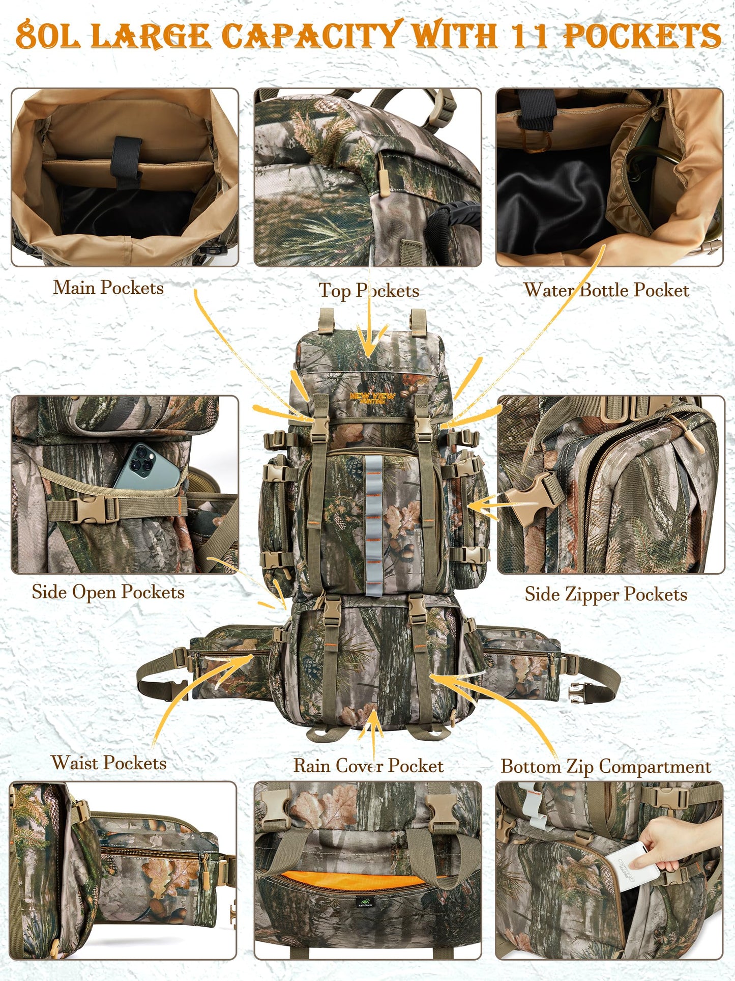 NEW VIEW Hunting Backpack for Men 80L, Camo Bag for Deer, Elk, Waterproof Daypack with Rain Cover & Frame