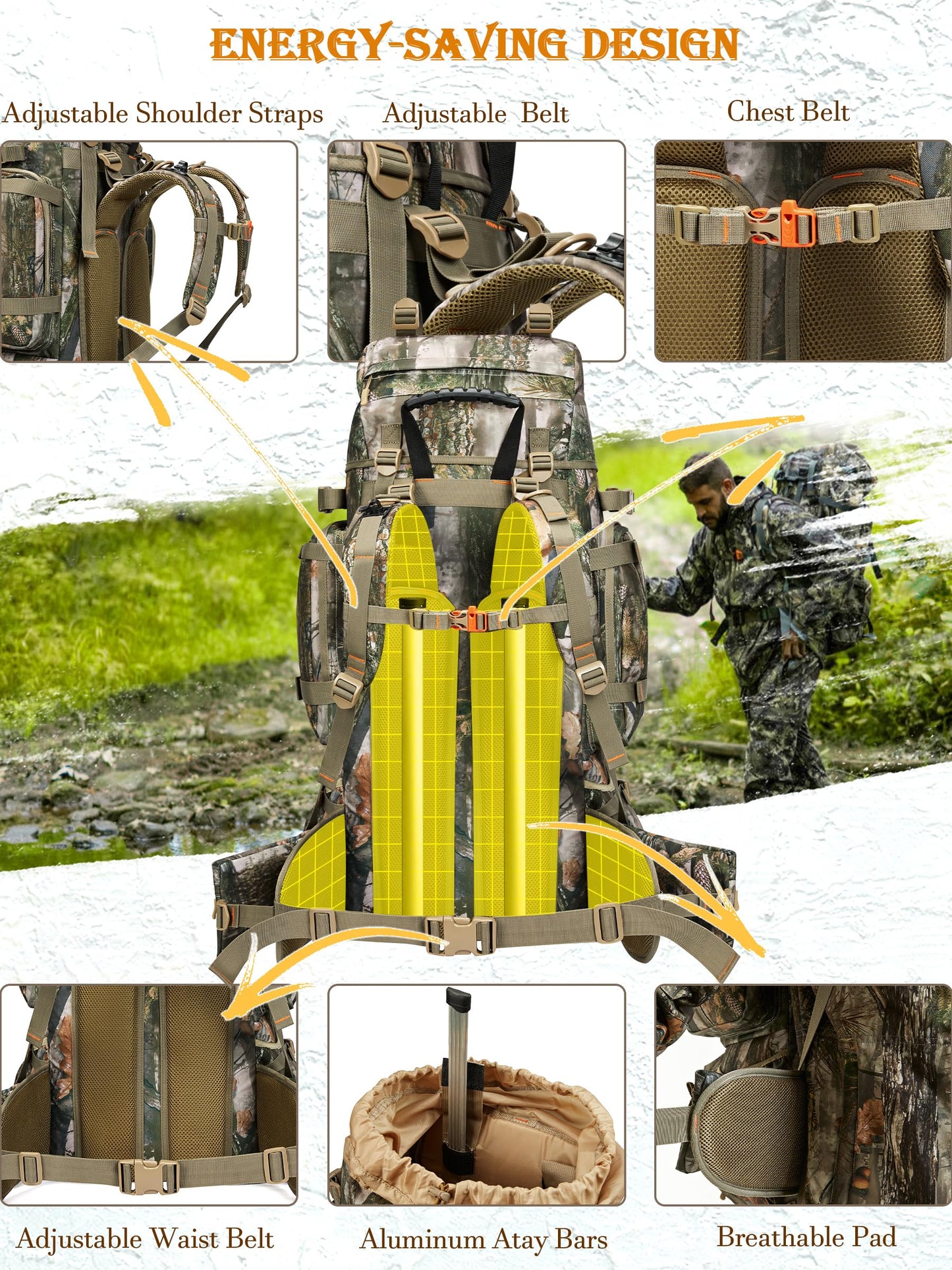 NEW VIEW Hunting Backpack for Men 80L, Camo Bag for Deer, Elk, Waterproof Daypack with Rain Cover & Frame