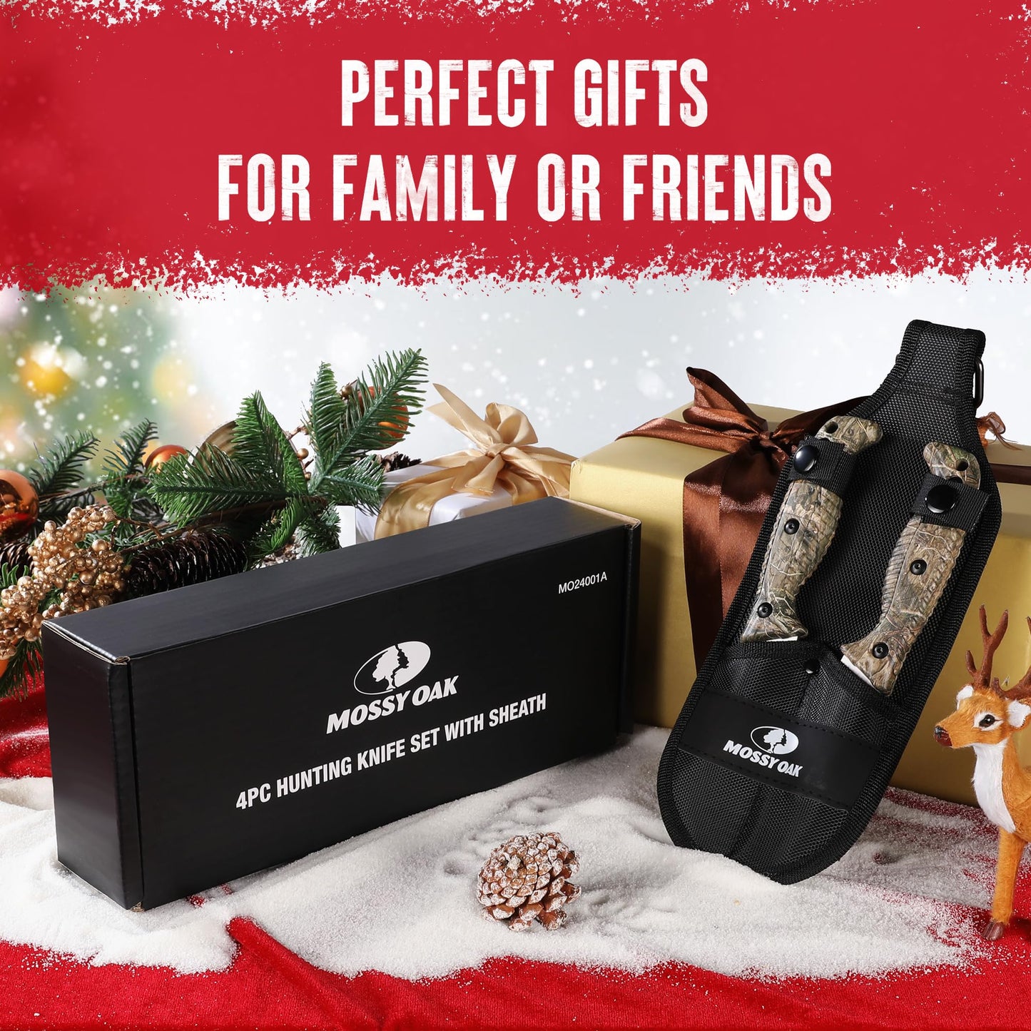 Mossy Oak Field Dressing Kit, 4 Pcs Camouflage Hunting Knife Set with Sheath, Gut-Hook Skinner, Caping Knife, Wood/Bone Saw, Knife Sharpener, for Deer Hunting, Camping, Perfect Hunting Gifts for Men