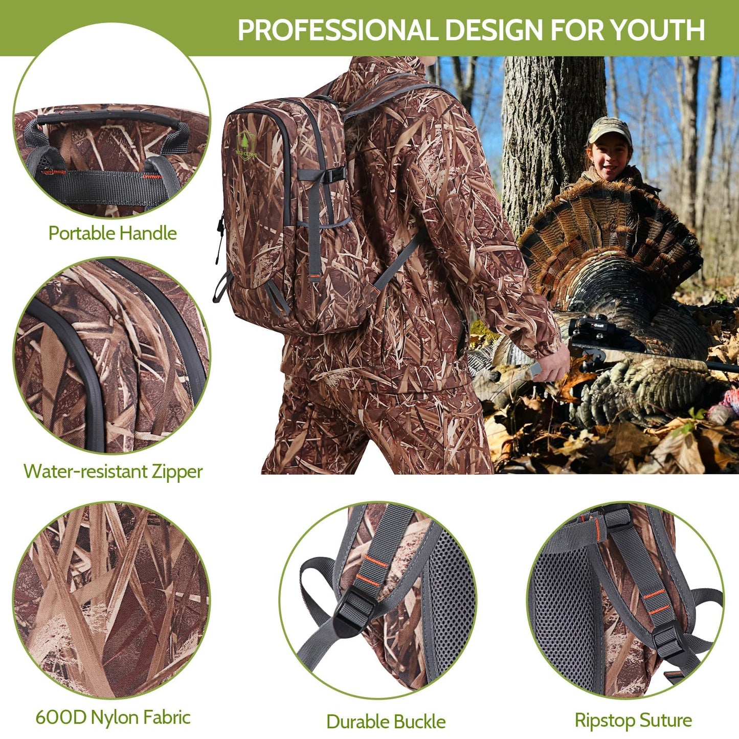 Wild Cedar 30L Kids Camo Hunting Backpack with 11 Pockets, Small Lightweight Hunting Bag for Youth, Men Water Resistant Day Pack for Boys & Girls, Travel, Hiking, Camping
