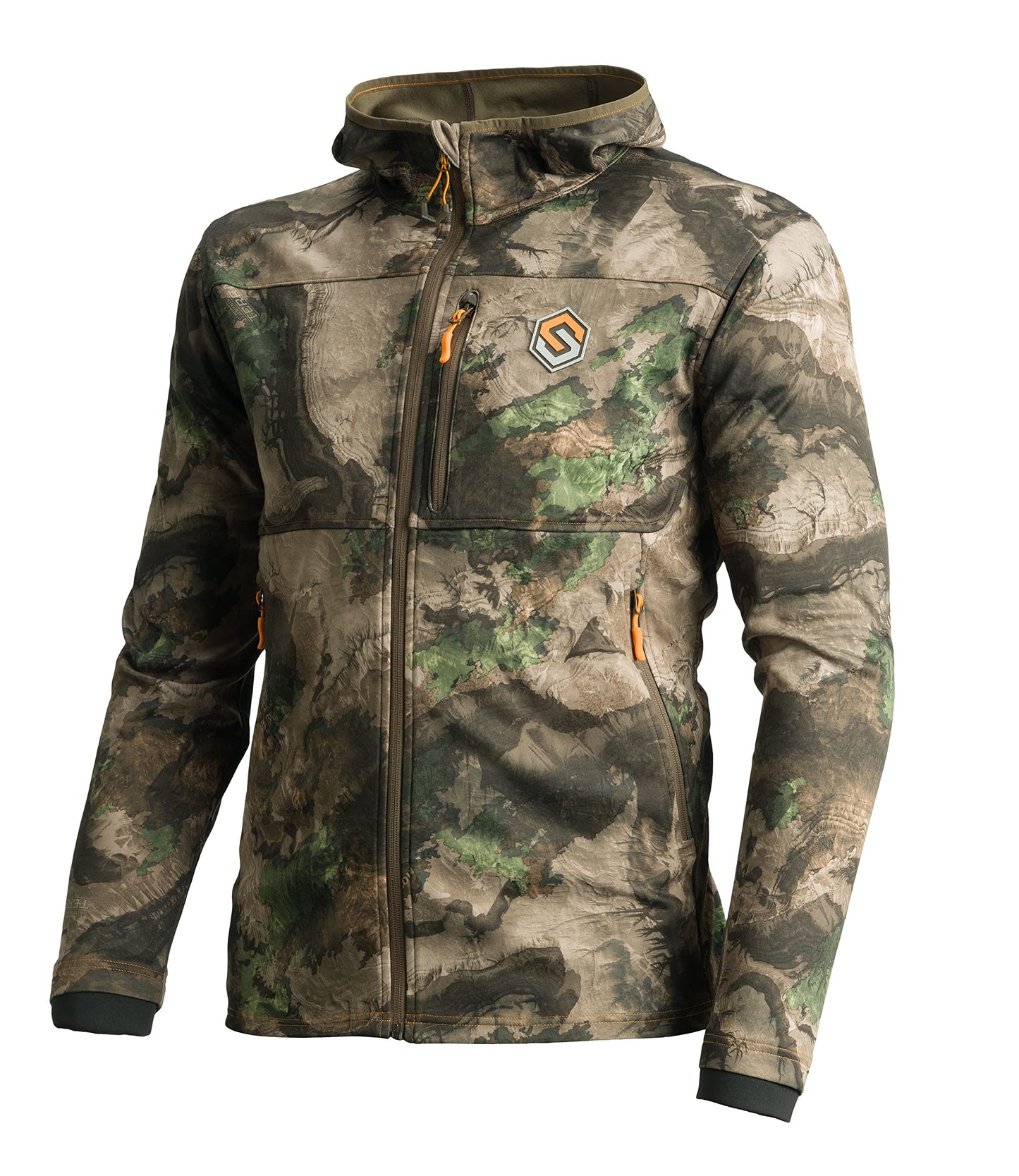 ScentLok Silentshell Camo Hooded Hunting Jacket for Men Lightweight Whitetail Gear (Mossy Oak Country Terra Outland, Large)