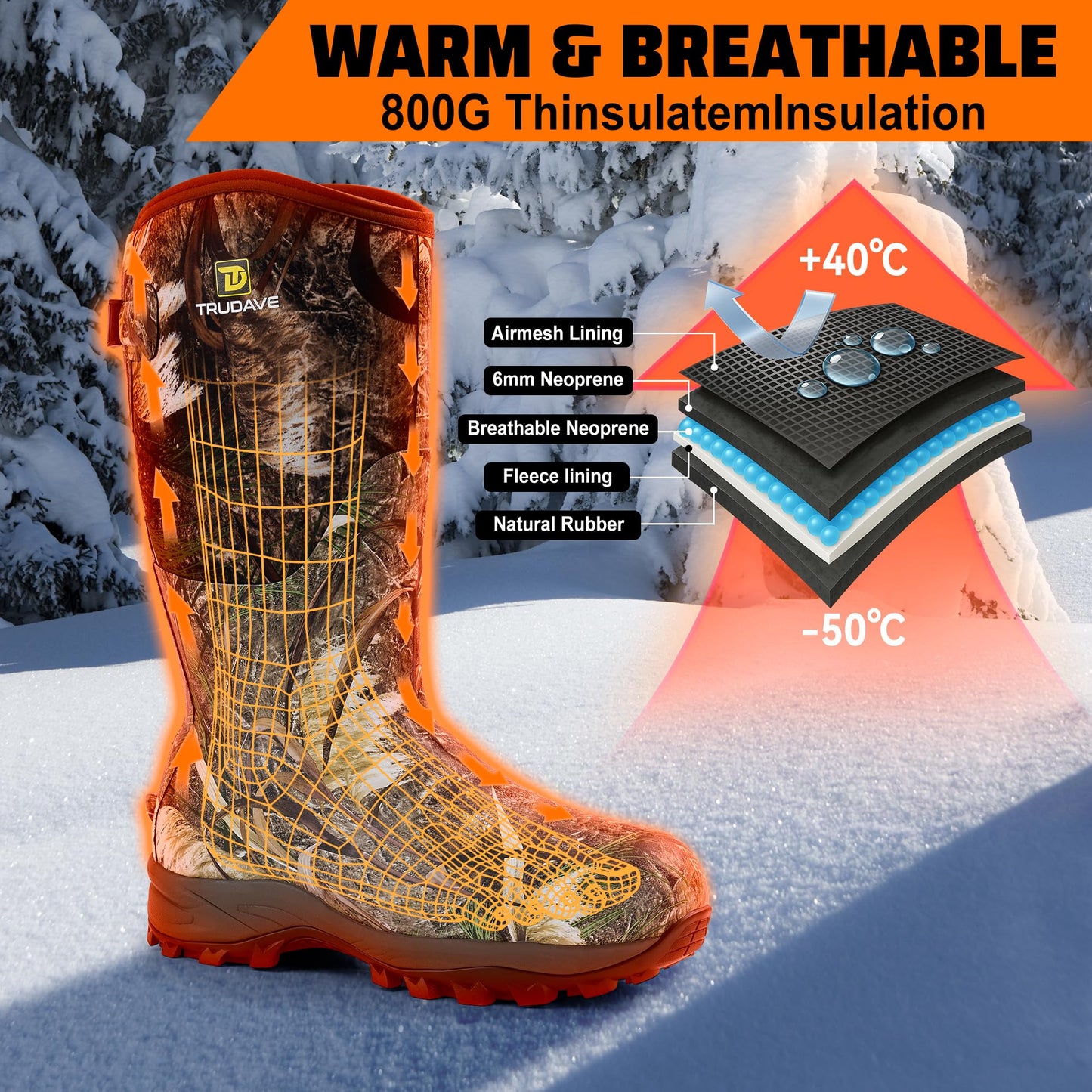 Trudave 6mm Hunting Boots for Men,Waterproof Insulated Rubber Boots,Provide Warmth and protection for Outdoor Hunting(800g Insulated)