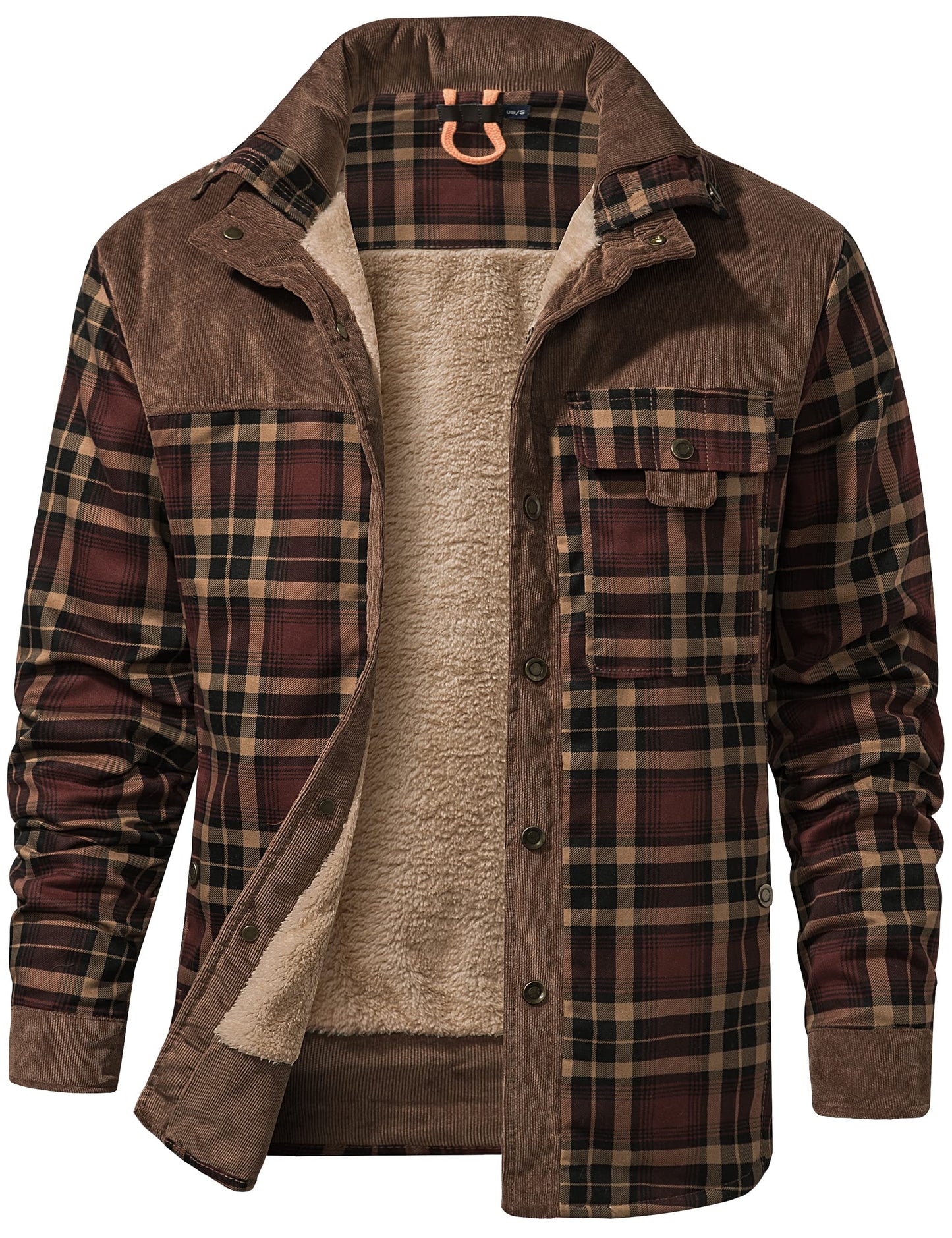 Flygo Men's Outdoor Casual Camp Fleece Sherpa Lined Flannel Plaid Shirt Jacket(Coffee-L)