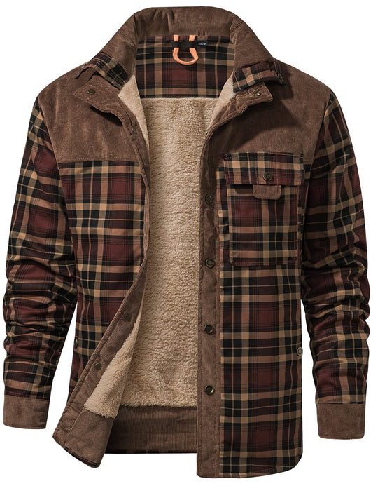 Flygo Men's Outdoor Casual Camp Fleece Sherpa Lined Flannel Plaid Shirt Jacket(Coffee-L)
