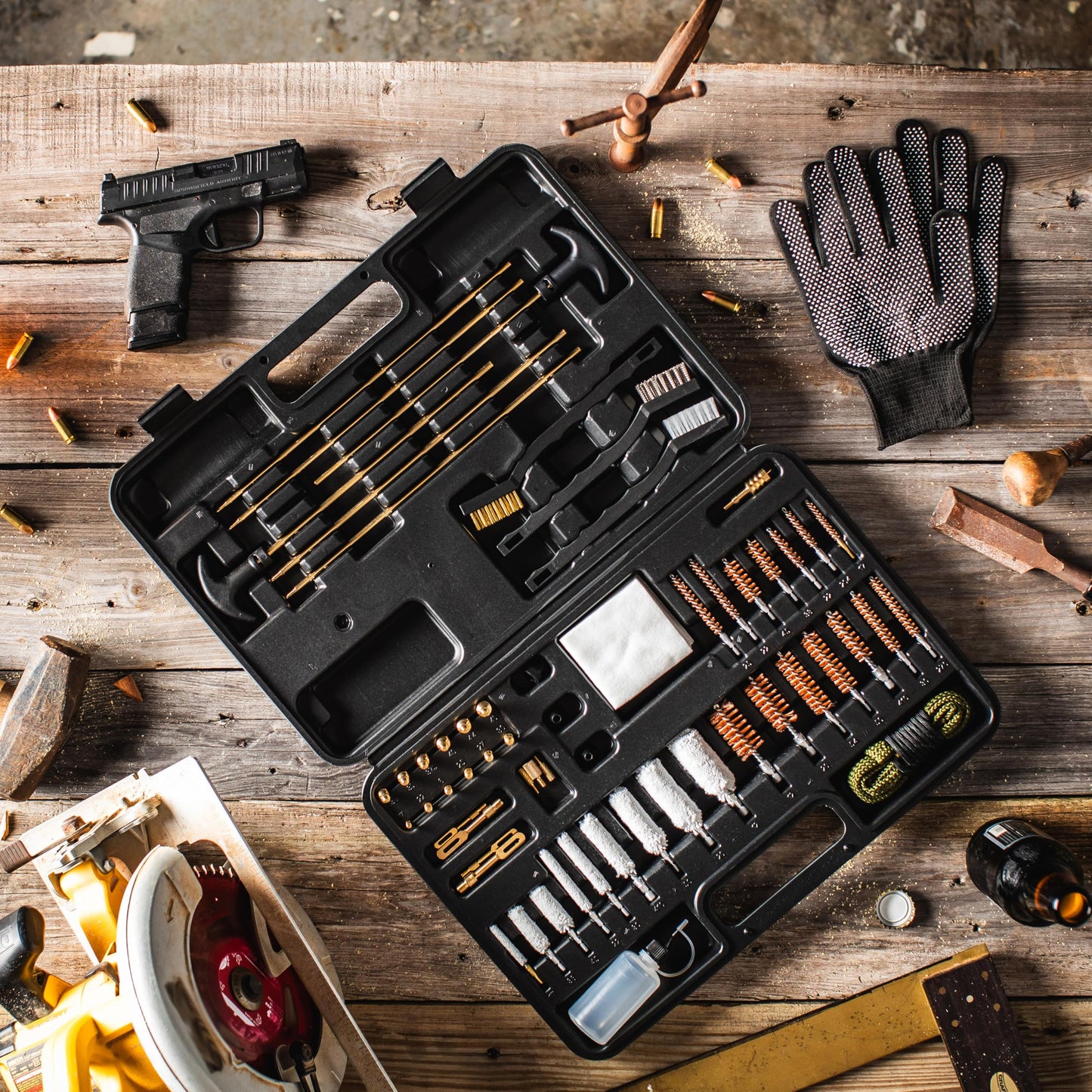 Elite Universal Gun Cleaning Kit for All Guns, Gun Brushes for Pistol Handgun Shotgun Rifle, Durable Brass Rods, 9mm Bore Rope, Oil Bottle, Brushes, Brass Jags, Carrying Case Gun Accessories for Men