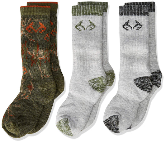 REALTREE Boy's Outdoor Merino Wool Blend Camo Mid Calf Socks Gift Box (3-Pair Pack), Multicolor, Small (RBBOX-Assorted-Small)